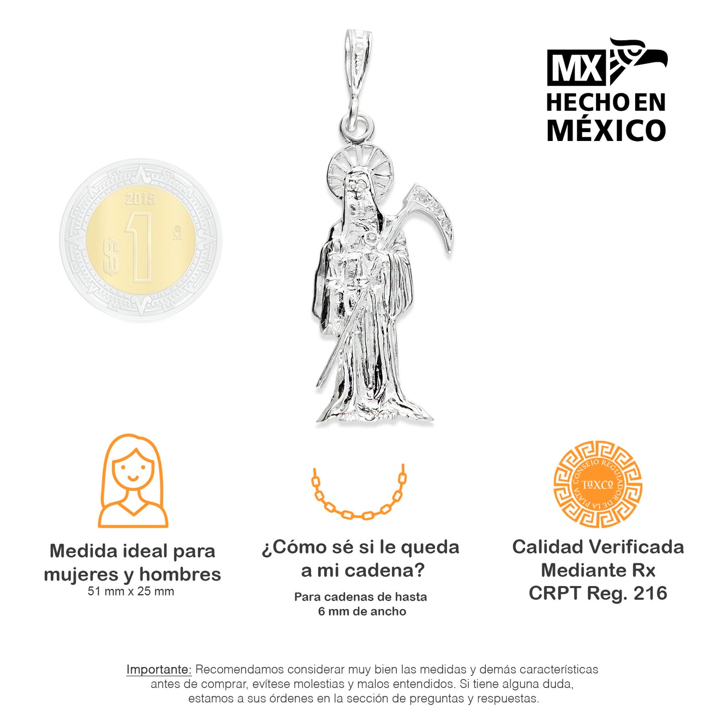 LPDJ030 Dije Santa Muerte Resplandor Plata .925 Con Zirconia Taxco MLM755753338