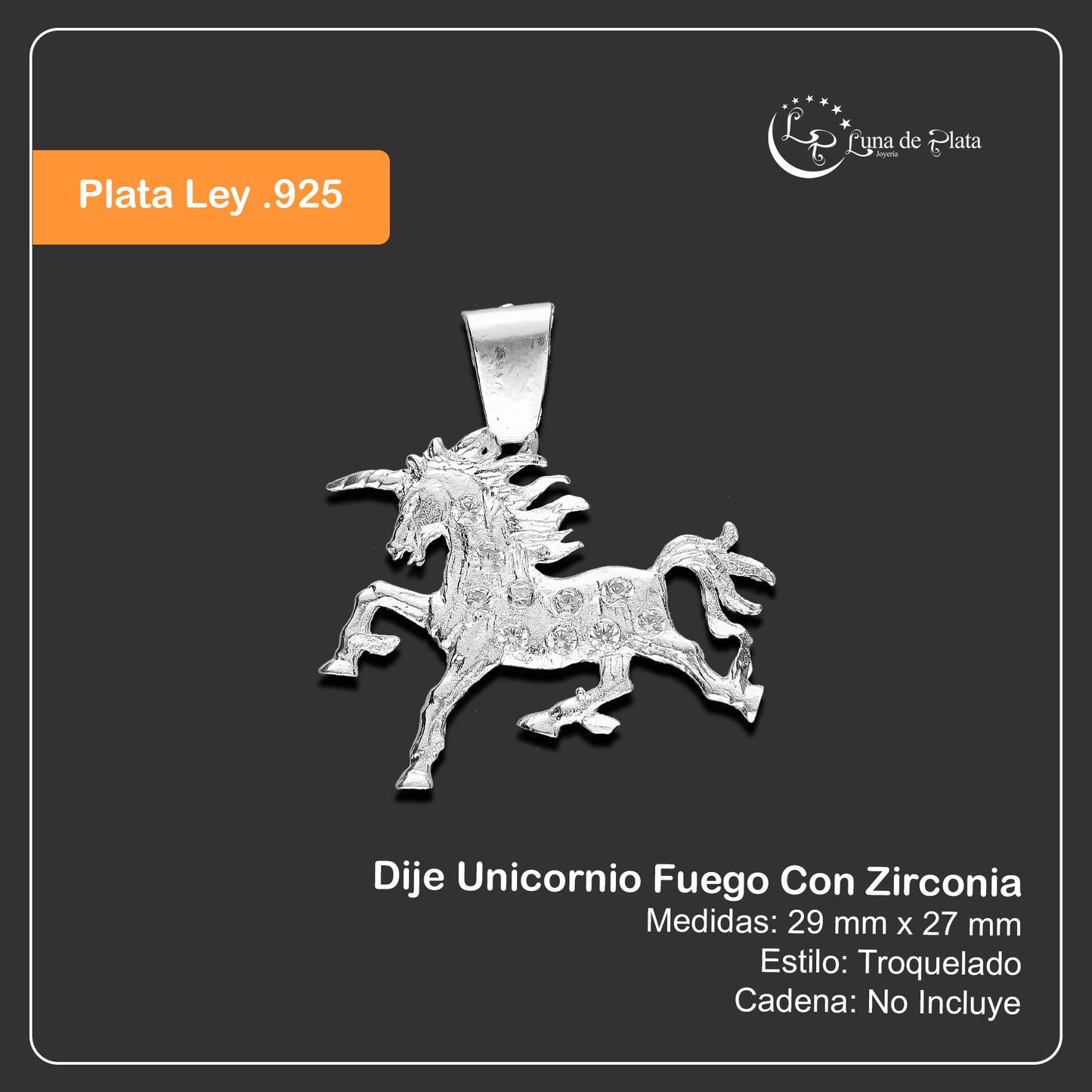 LPDJ032 Dije Unicornio Fuego En Plata .925 Con Zirconia Taxco Gro MLM814847665