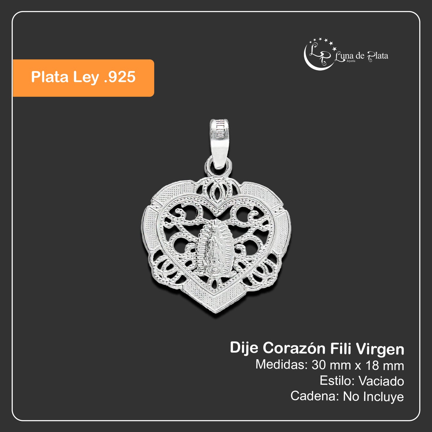 LPDJ172 Dije Corazón Fili Virgen en Plata .925 Taxco, Gro 1820797316