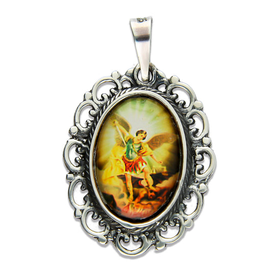 LPDJ210 Dije Vintage Oval Arcángel San Miguel Color En Plata .925 1961205621