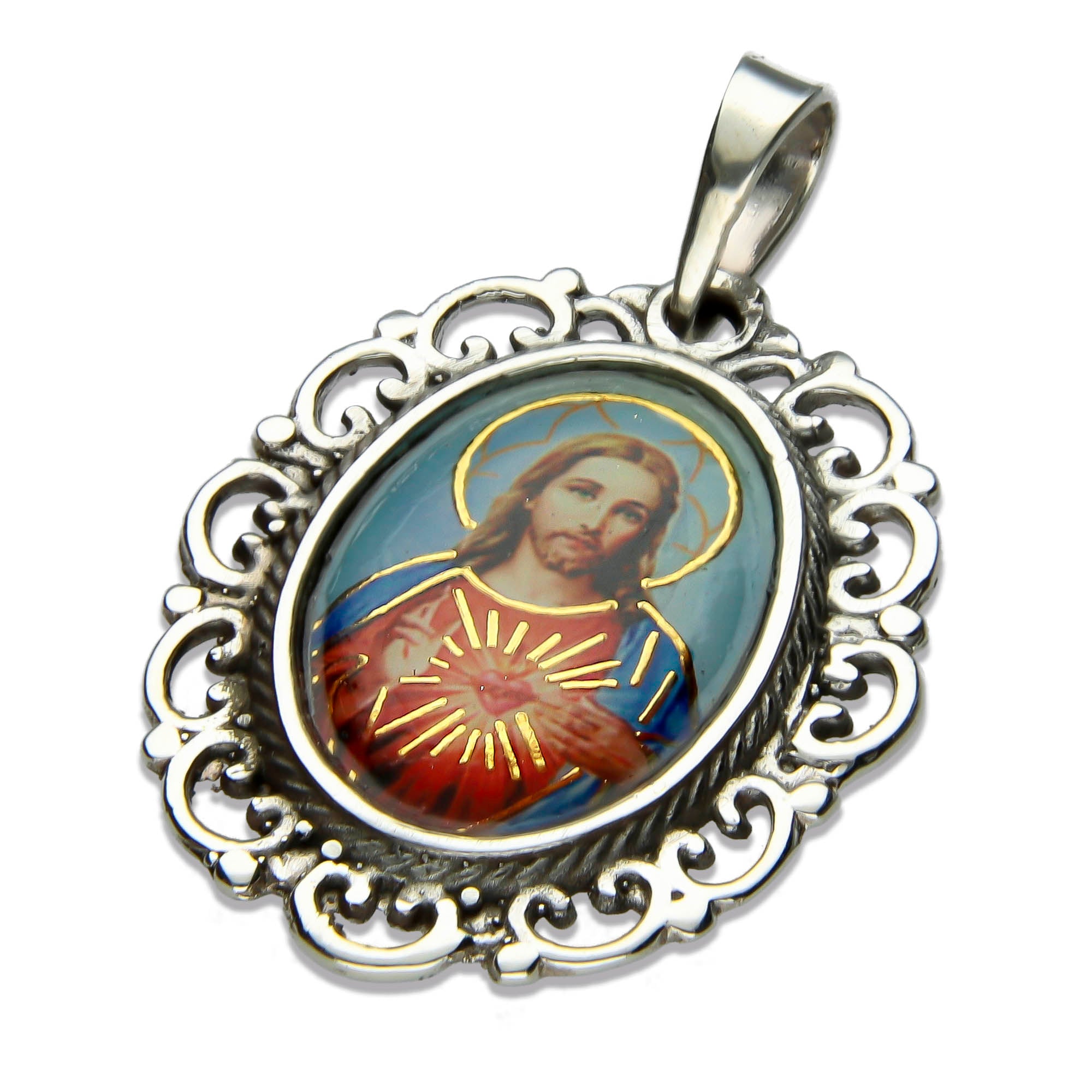 LPDJ211 Dije Vintage Oval Sagrado Corazón Color En Plata .925 1961215609