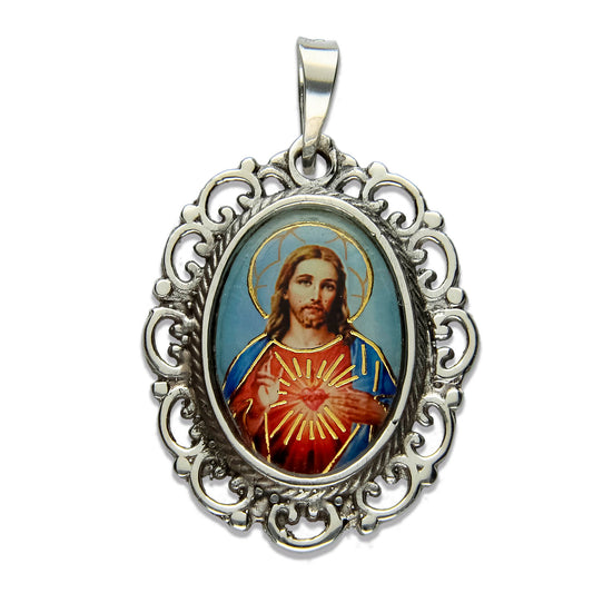 LPDJ211 Dije Vintage Oval Sagrado Corazón Color En Plata .925 1961215609