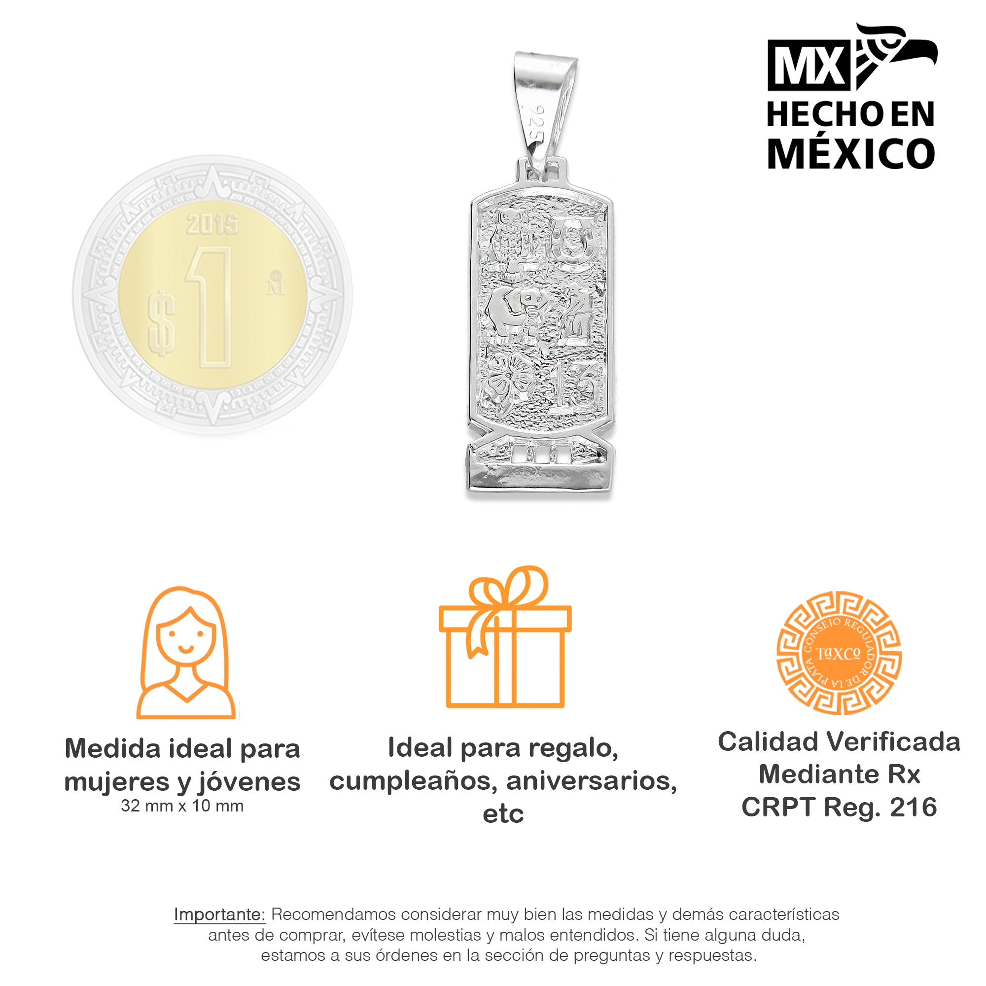 LPDJ246 Dije Rectángulo de la Suerte en Plata .925 Taxco Gro 2094839193