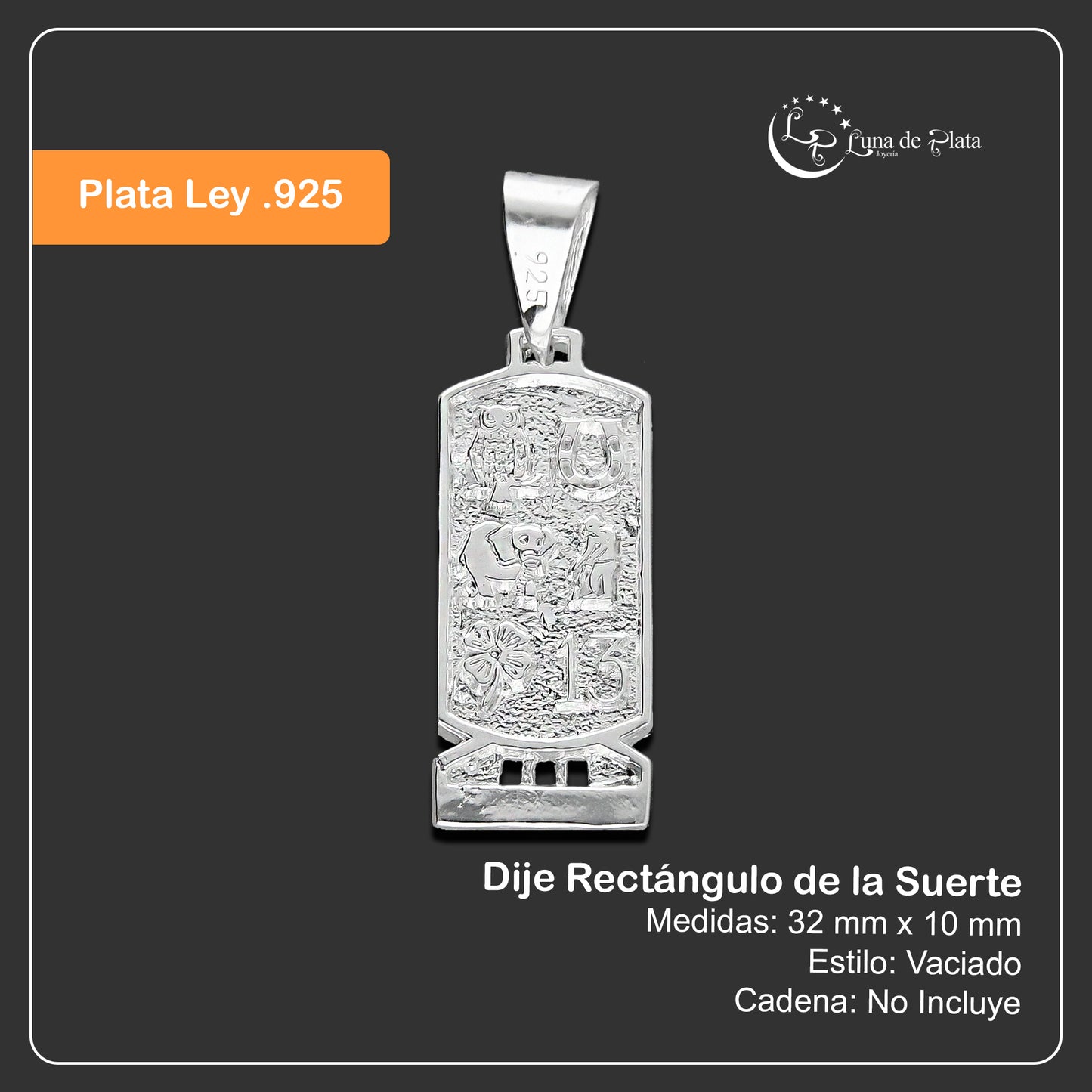 LPDJ246 Dije Rectángulo de la Suerte en Plata .925 Taxco Gro 2094839193