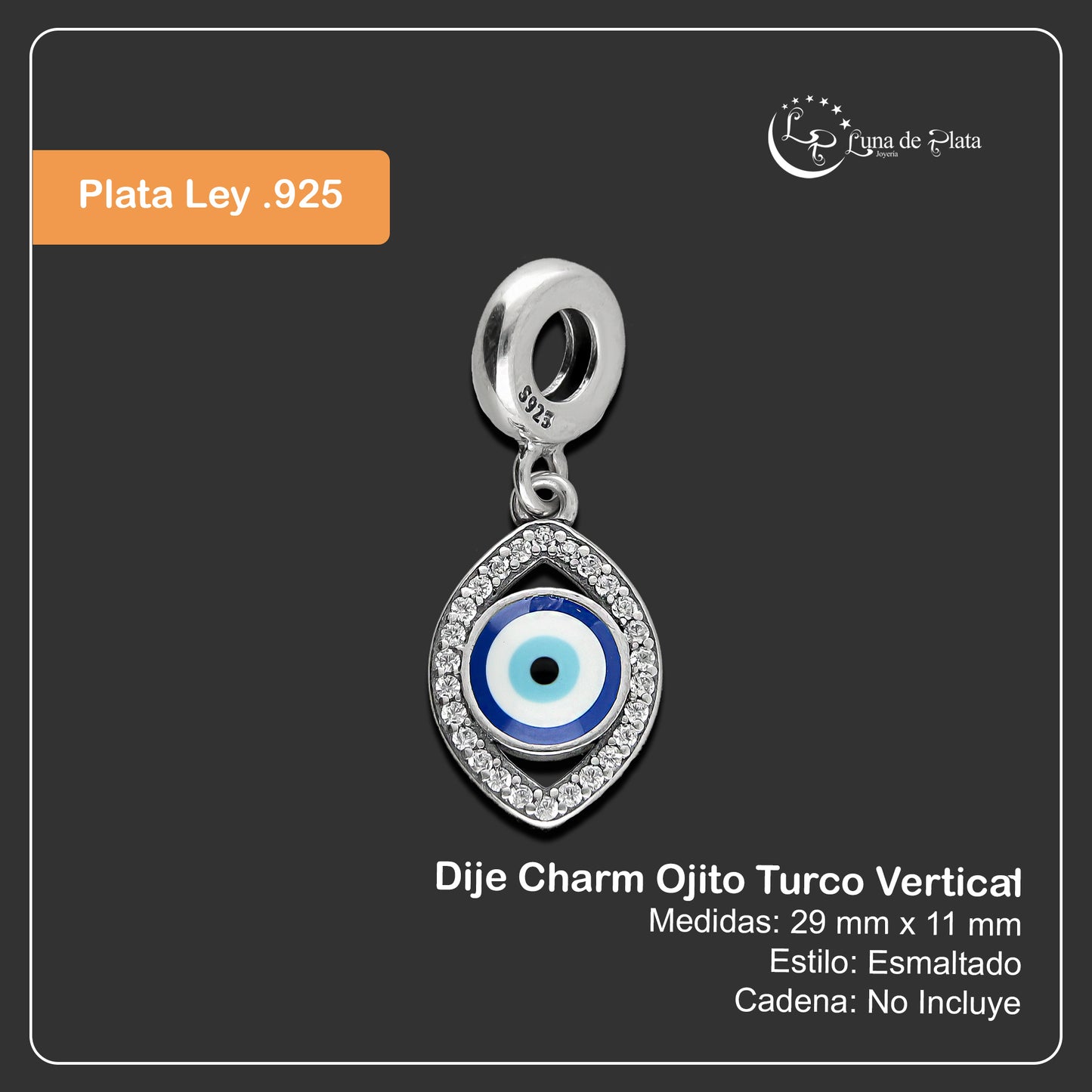 LPDJ250 Dije Charm Ojito Turco Vertical en Plata .925 Taxco Gro