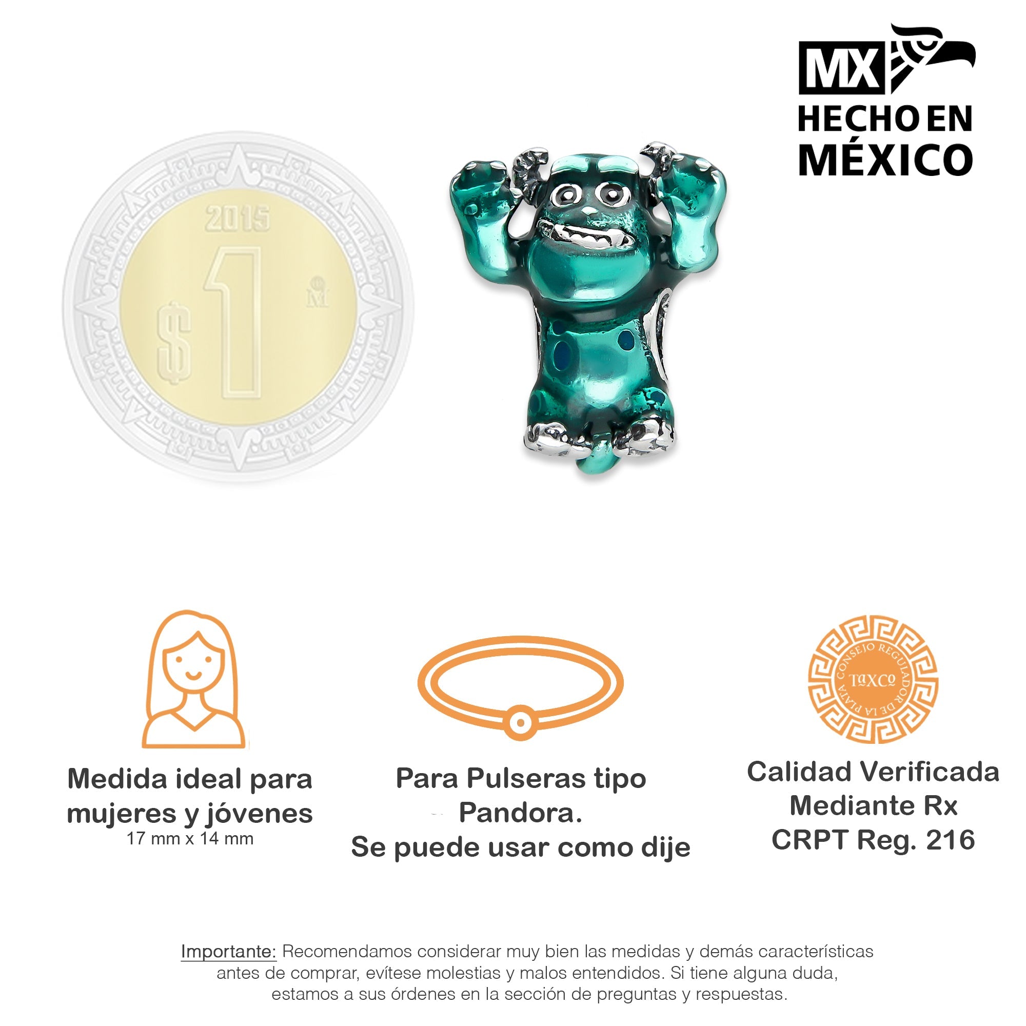LPDJ254 Dije Charm Monsters Sully en Plata .925 Taxco Gro