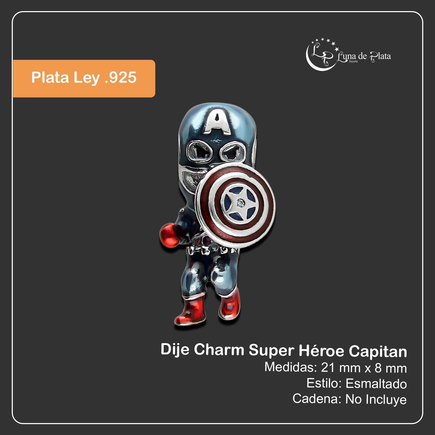 LPDJ260 Dije Charm Super Héroe Capitan en Plata .925 Taxco Gro