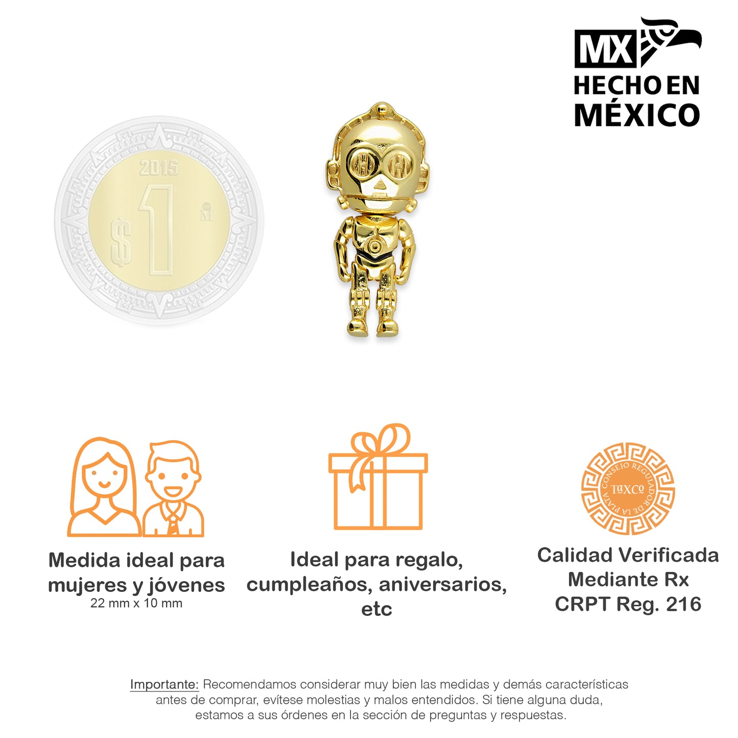 LPDJ265 Dije Charm C3PO Galaxias Dorada en Plata .925 Taxco Gro