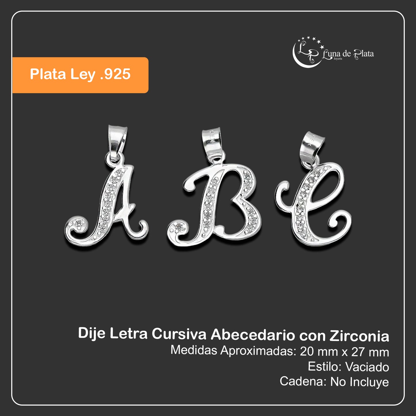 LPDJ273 Dije Letra Cursiva Abecedario con Zirconia en Plata .925 Taxco Gro 3583206840