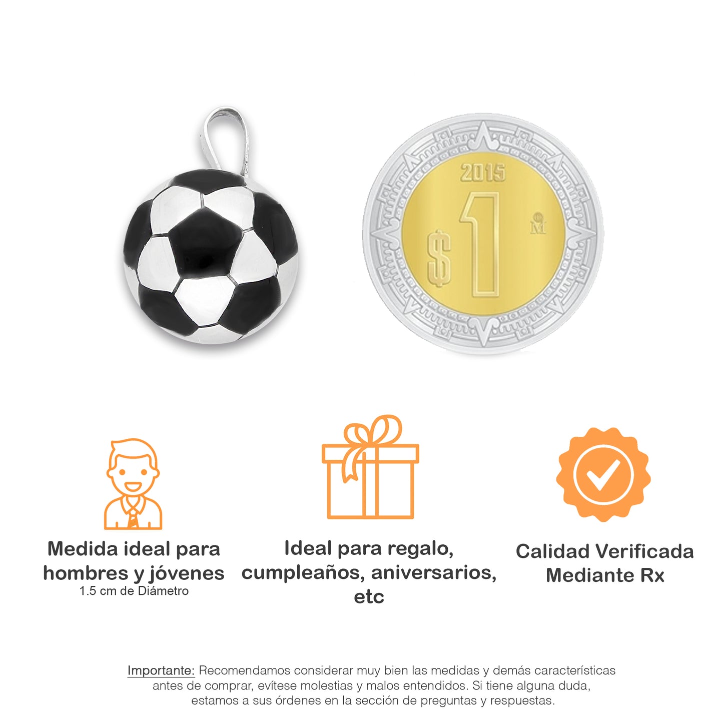 LPDJ285 Dije Balon Futbol Gd Diámetro 1.5 cm en Plata .925 Taxco Gro 2591013221