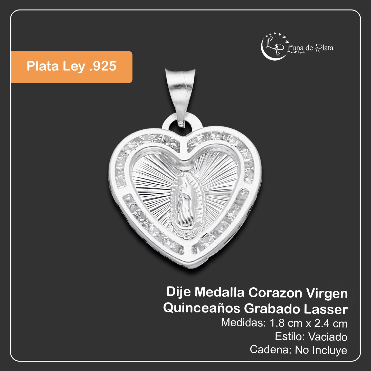 LPDJ289 Dije Medalla Corazon Virgen Quinceaños Grabado Lasser en Plata .925 2591041539