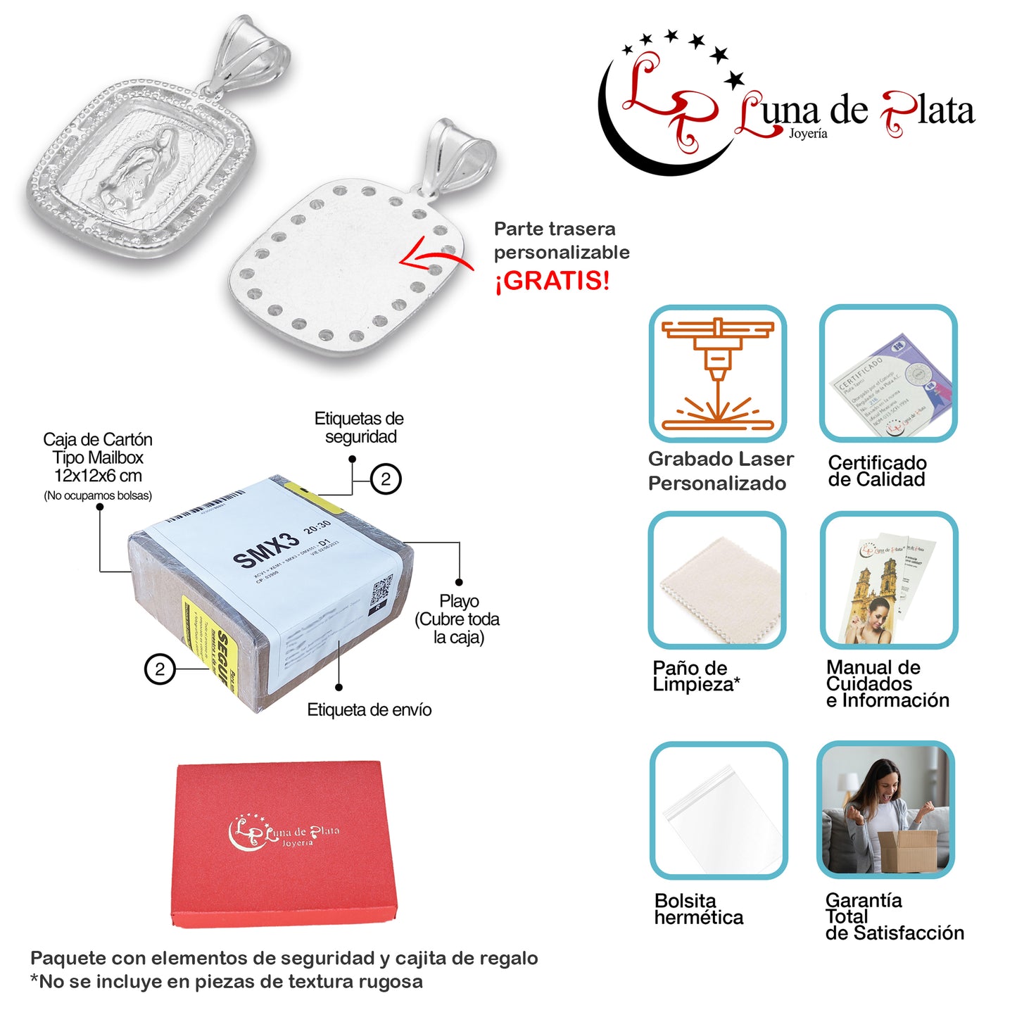 LPDJ290 Dije Medalla Virgen Rectangulo con Grabado Lasser Plata .925 4432344408