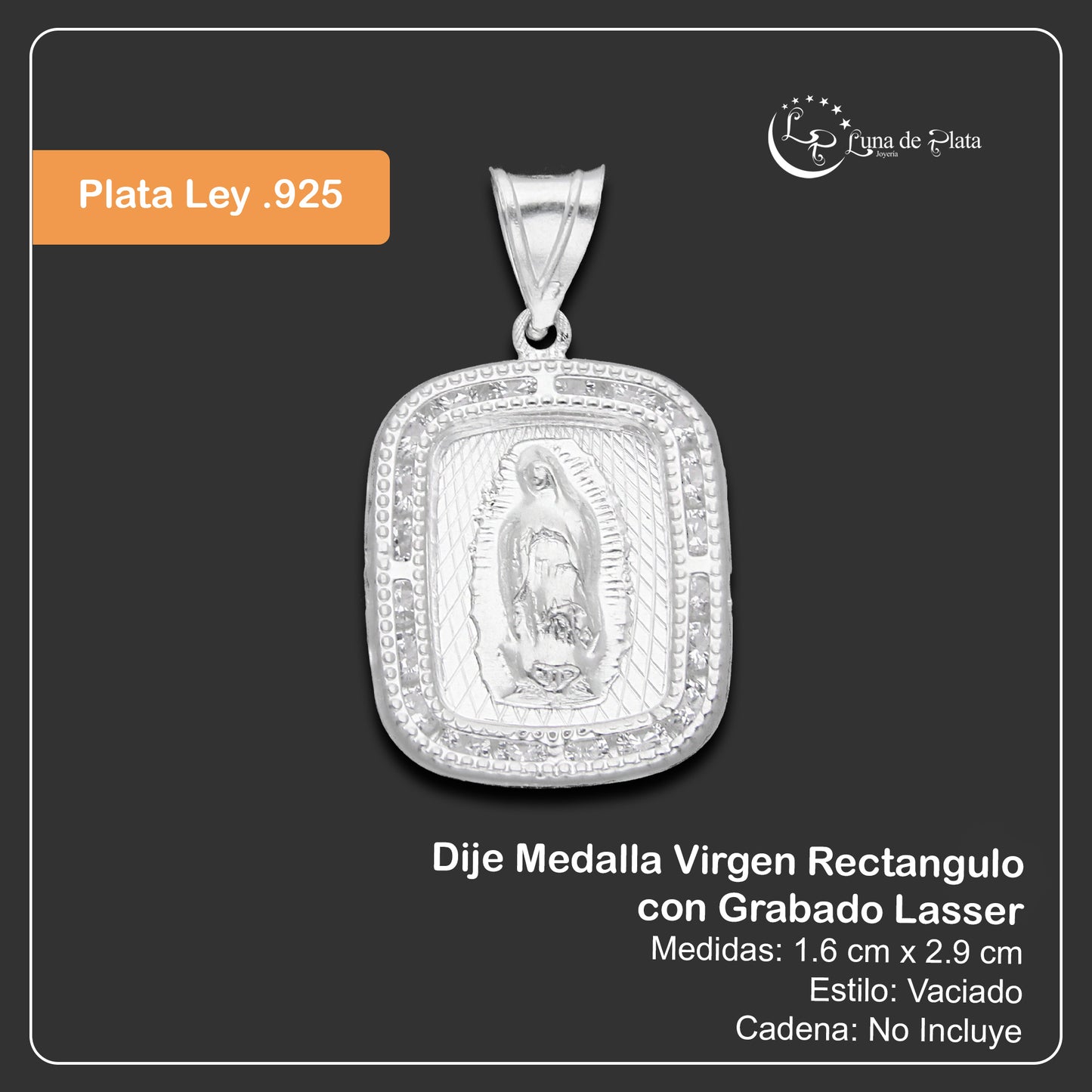 LPDJ290 Dije Medalla Virgen Rectangulo con Grabado Lasser Plata .925 4432344408