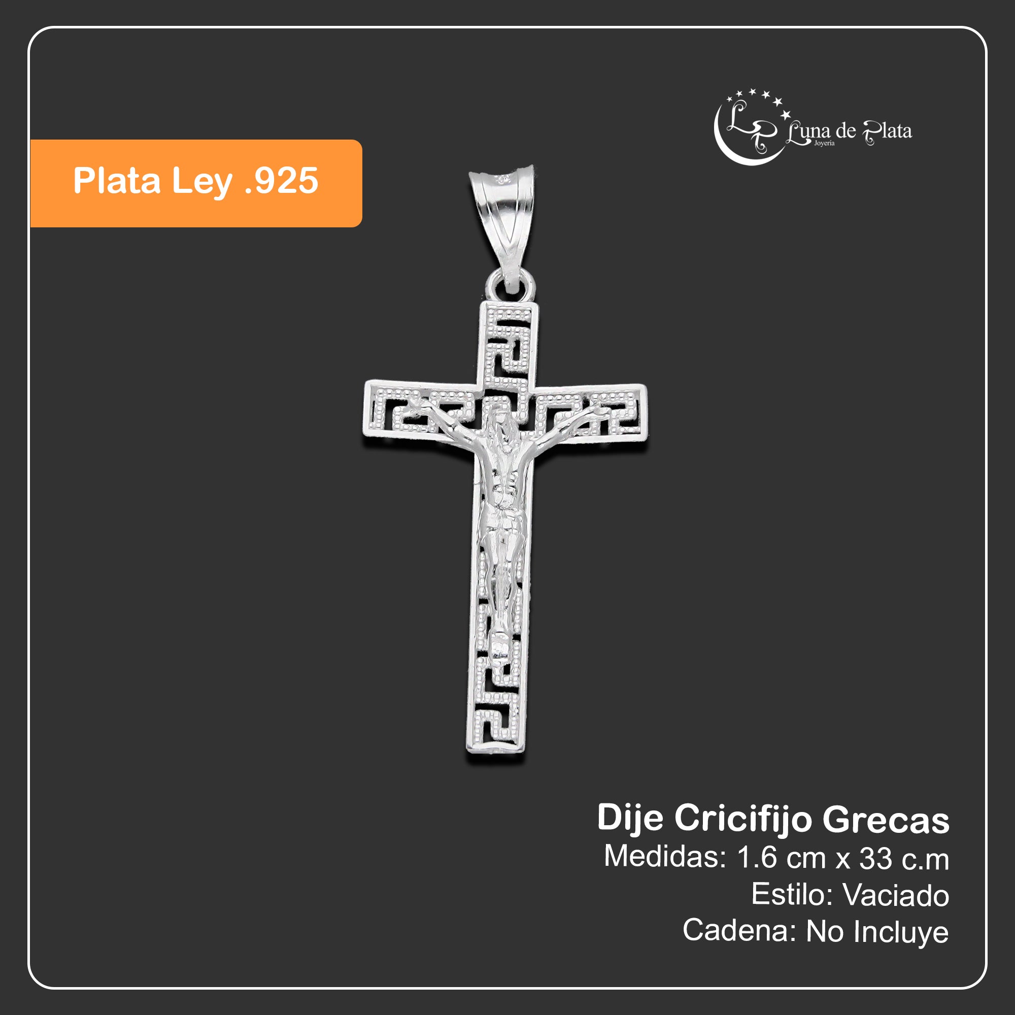LPDJ292 Dije Crucifijo Grecas 1.6 cm x 3.3 cm en Plata .925 2689499403