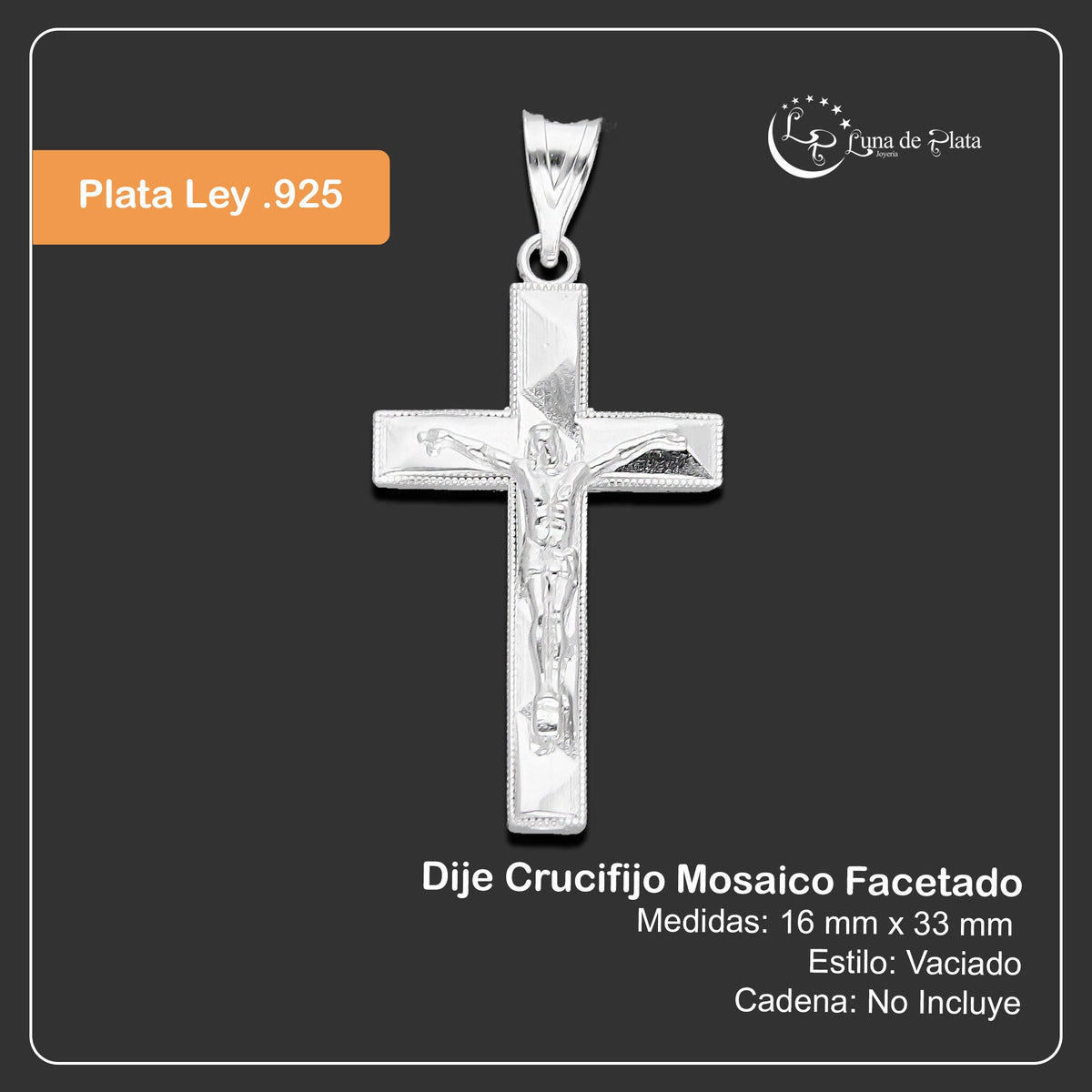 LPDJ296 Dije Crucifijo Mosaico Facetado 1.6 cm x 3.3 cm en Plata .925 4671867032
