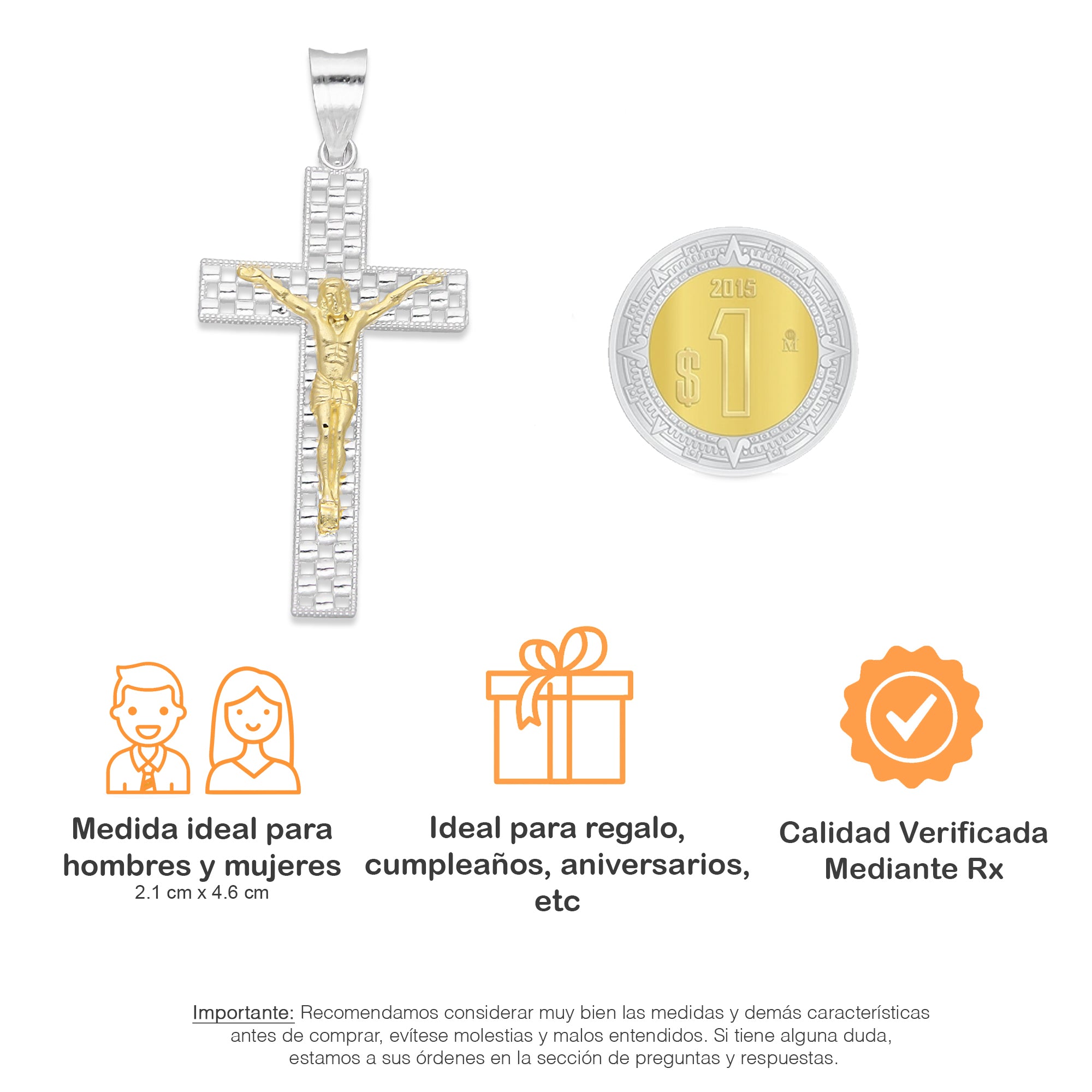 LPDJ298 Dije Crucifijo Cuadricula Cristo Dorado 2.1 cm x 4.6 cm en Plata .925 2689366947