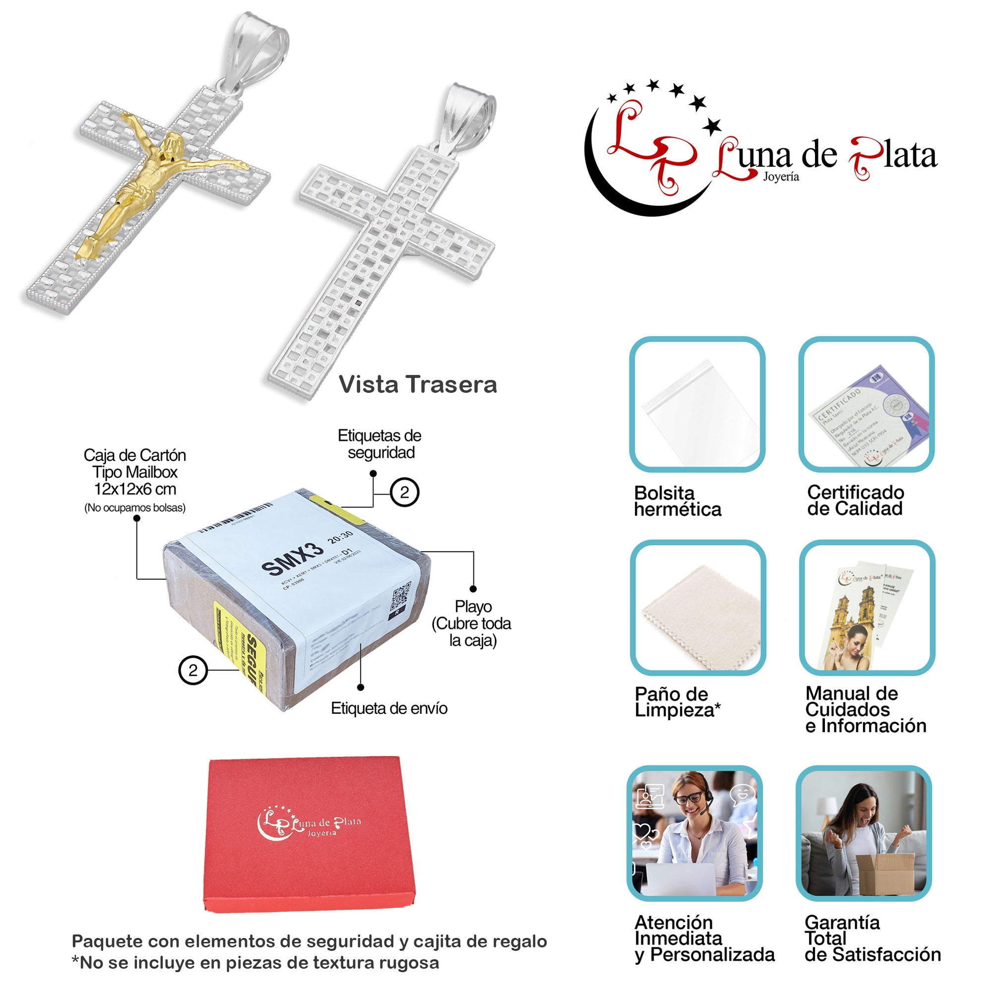 LPDJ298 Dije Crucifijo Cuadricula Cristo Dorado 2.1 cm x 4.6 cm en Plata .925 2689366947