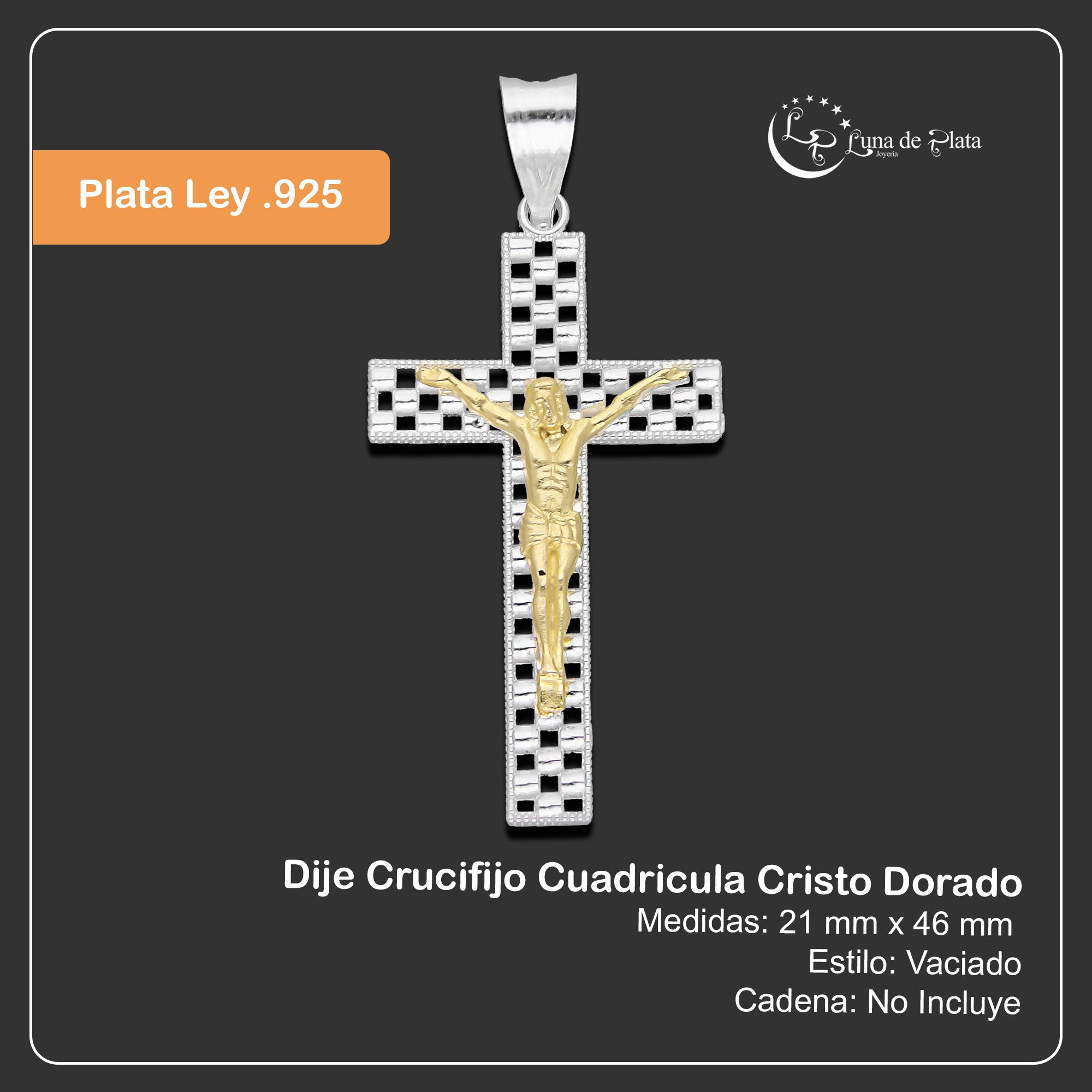 LPDJ298 Dije Crucifijo Cuadricula Cristo Dorado 2.1 cm x 4.6 cm en Plata .925 2689366947