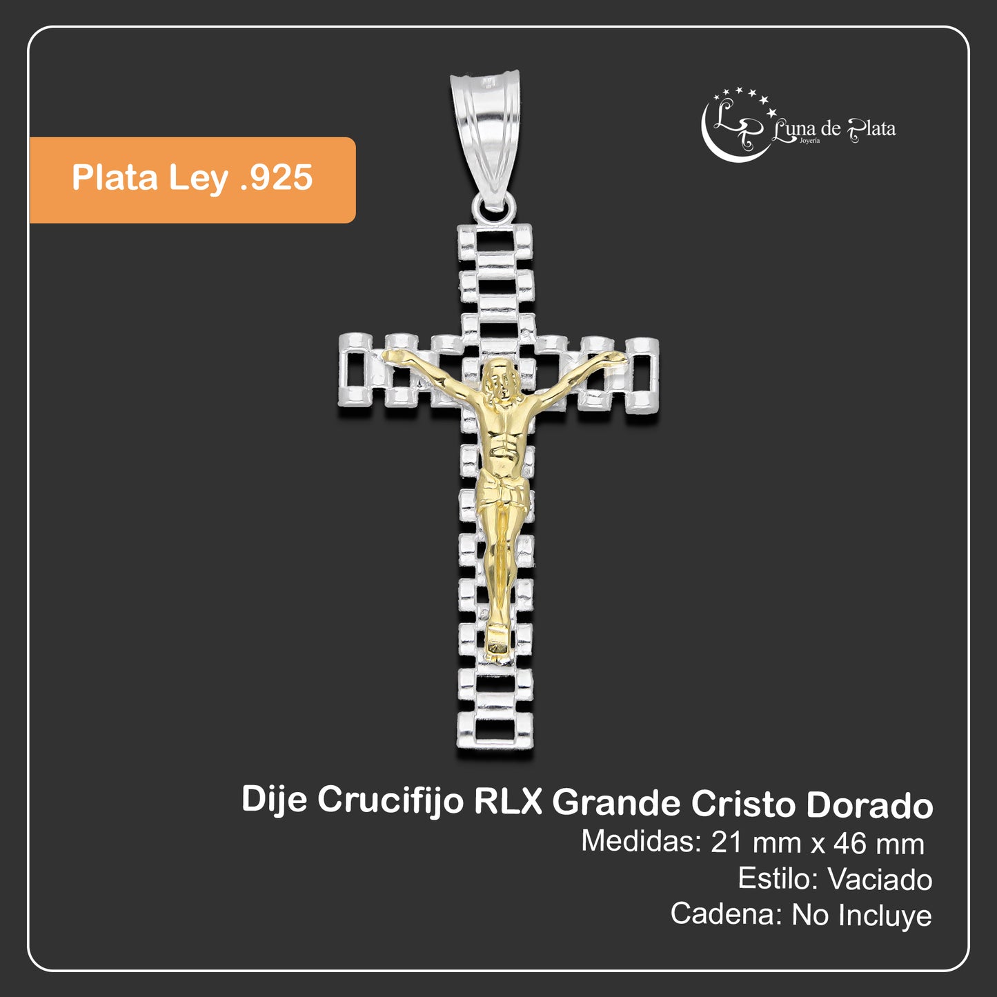 LPDJ299 Dije Crucifijo RLX Grande Cristo Dorado 2.1 cm x 4.6 cm en Plata .925 4671556084