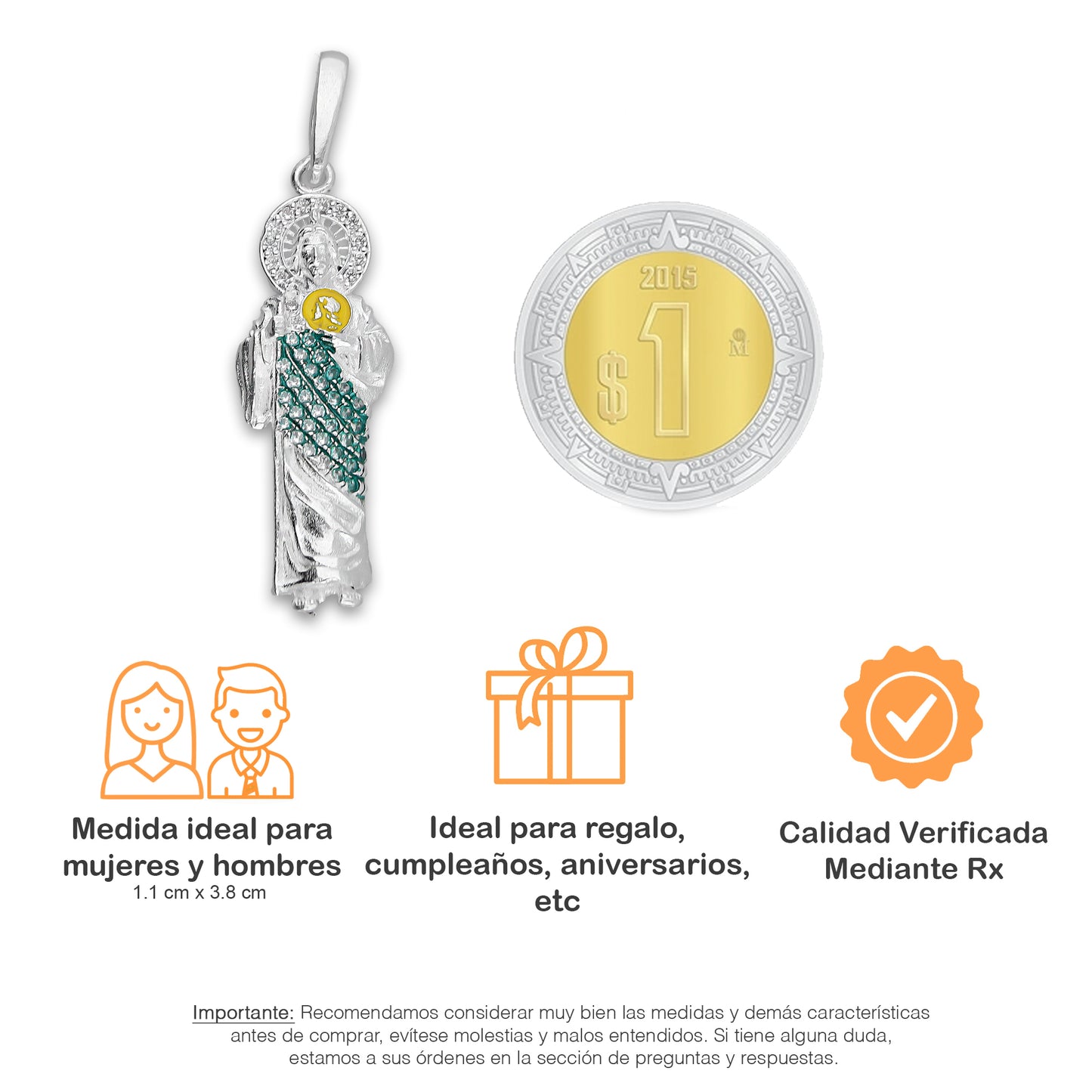 LPDJ303 Dije San Judas Manto Verde Medallón Amarillo 1.1 cm x 3.8 cm en Plata .925 5204963958