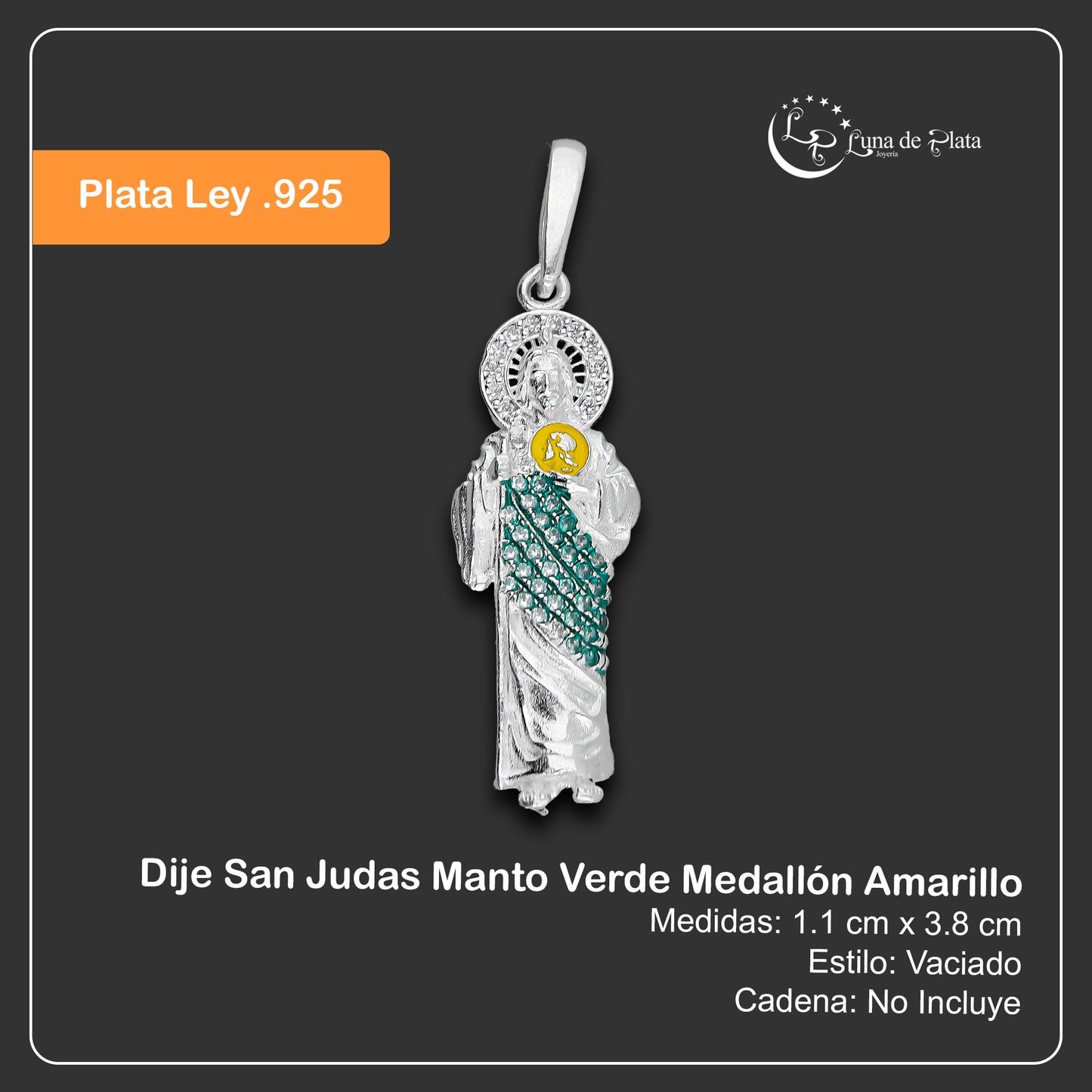 LPDJ303 Dije San Judas Manto Verde Medallón Amarillo 1.1 cm x 3.8 cm en Plata .925 5204963958
