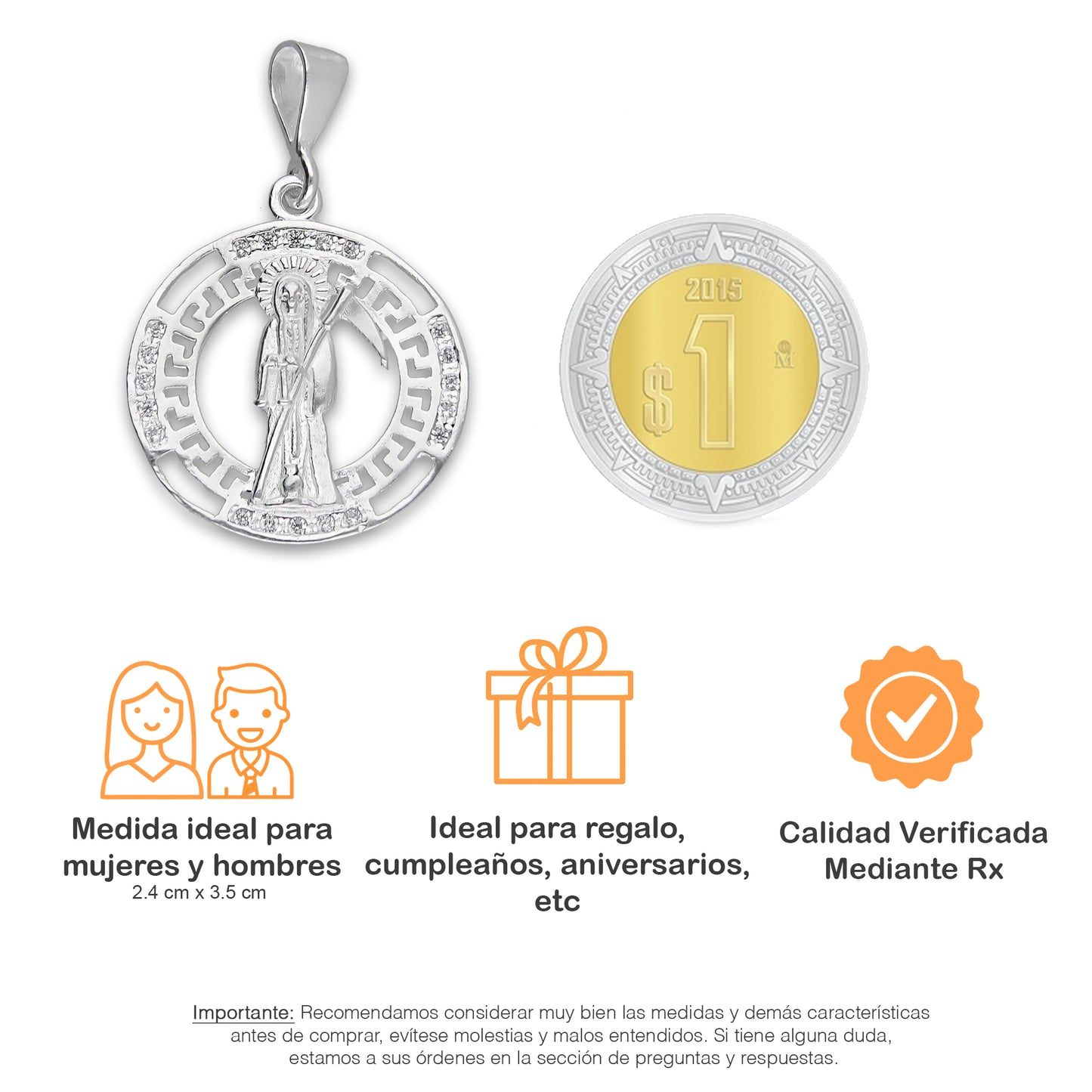 LPDJ304 Dije Medalla Santa Muerte Grecas 2.4 cm x 3.5 cm en Plata .925 5204999388