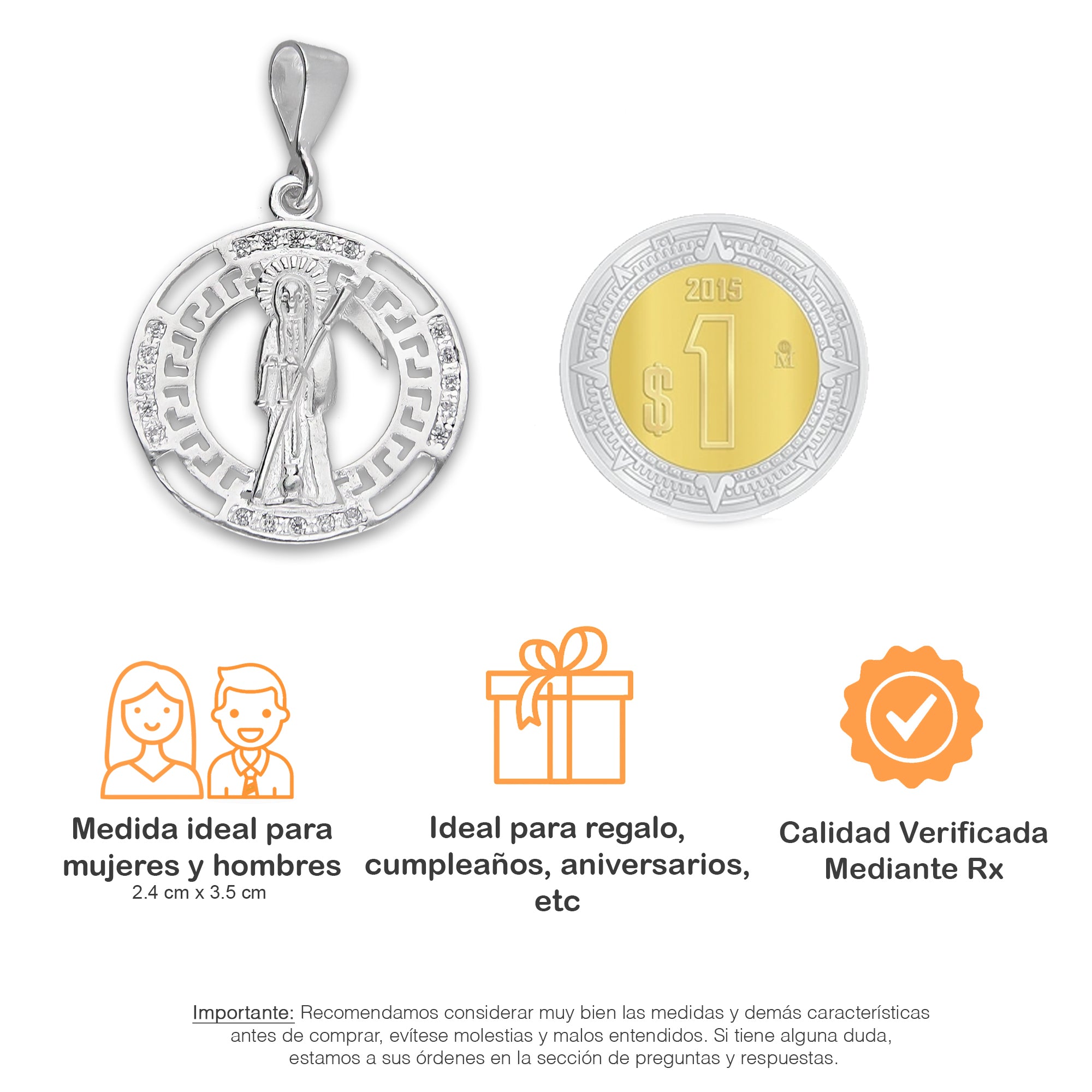 LPDJ304 Dije Medalla Santa Muerte Grecas 2.4 cm x 3.5 cm en Plata .925 5204999388