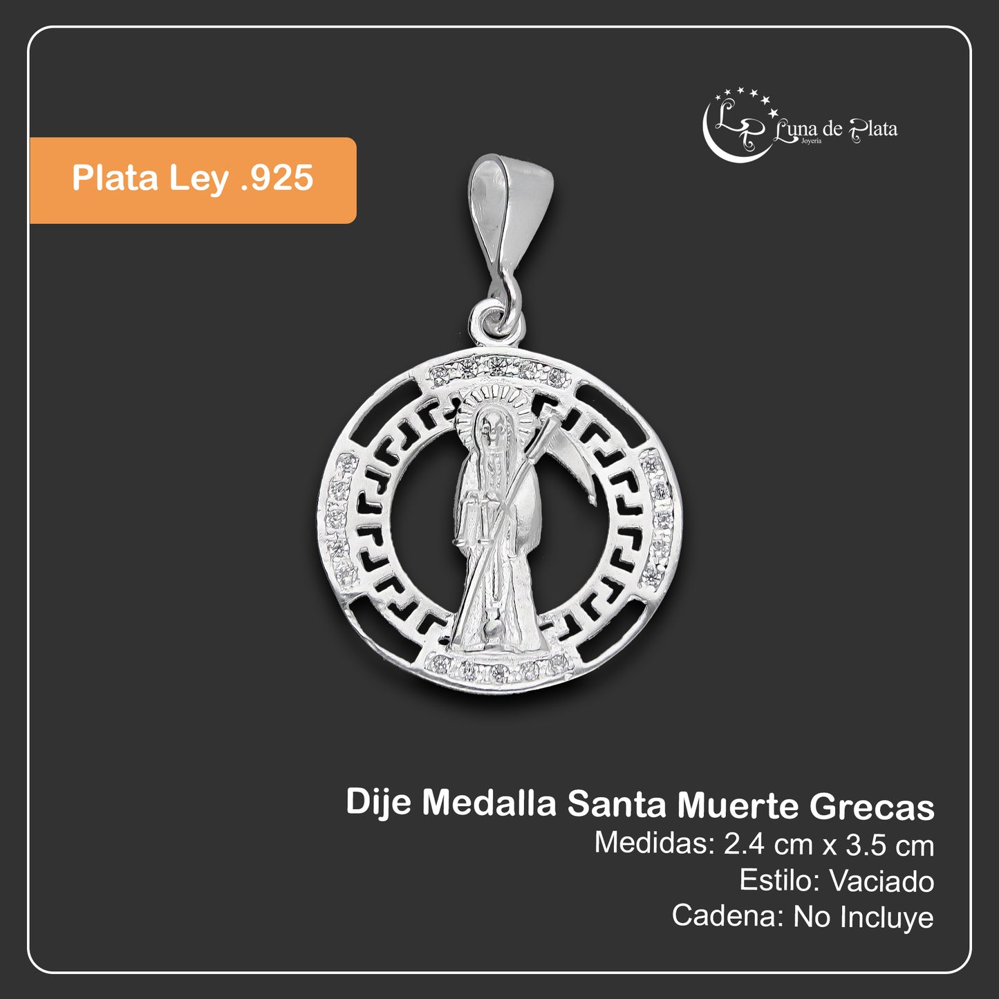 LPDJ304 Dije Medalla Santa Muerte Grecas 2.4 cm x 3.5 cm en Plata .925 5204999388