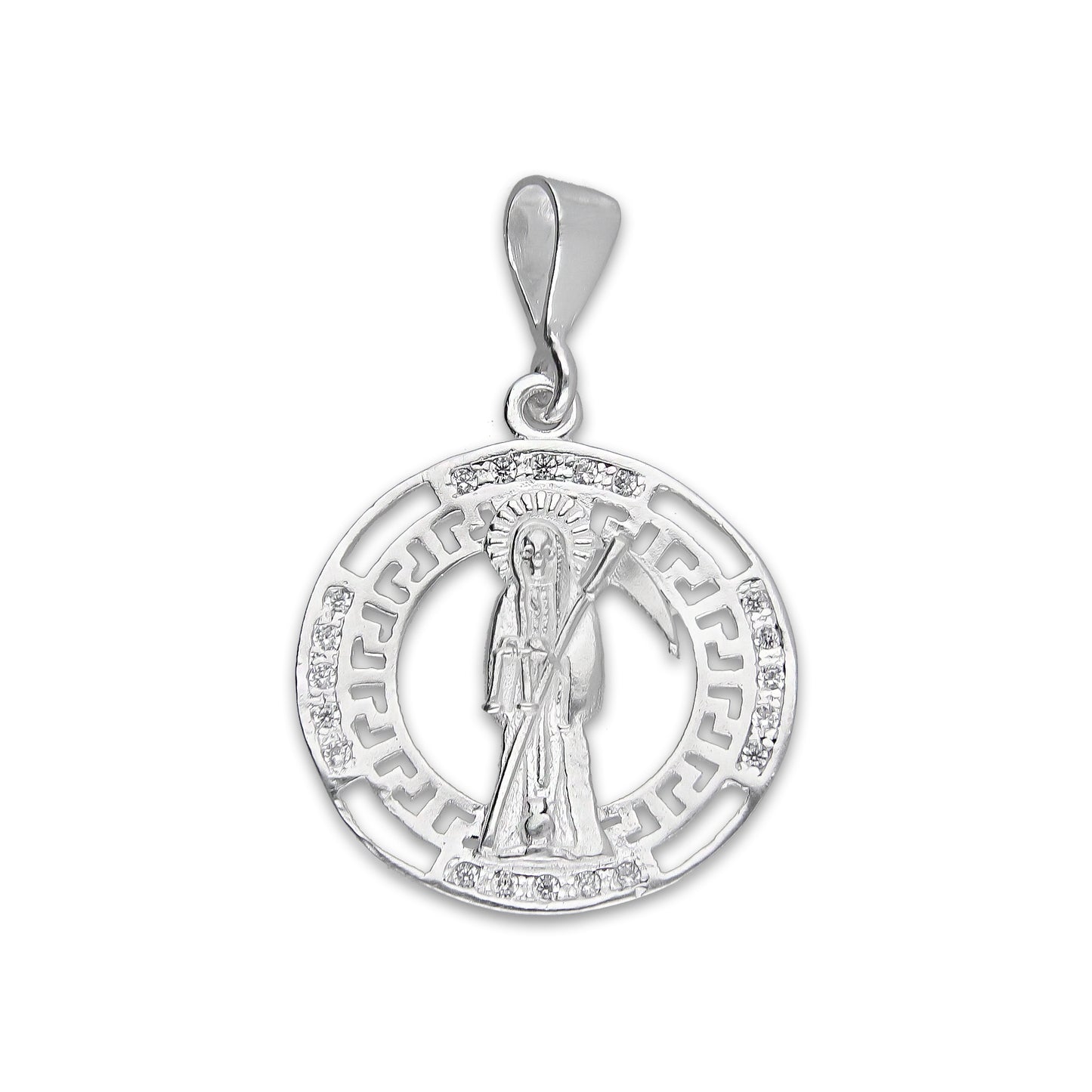 LPDJ304 Dije Medalla Santa Muerte Grecas 2.4 cm x 3.5 cm en Plata .925 5204999388