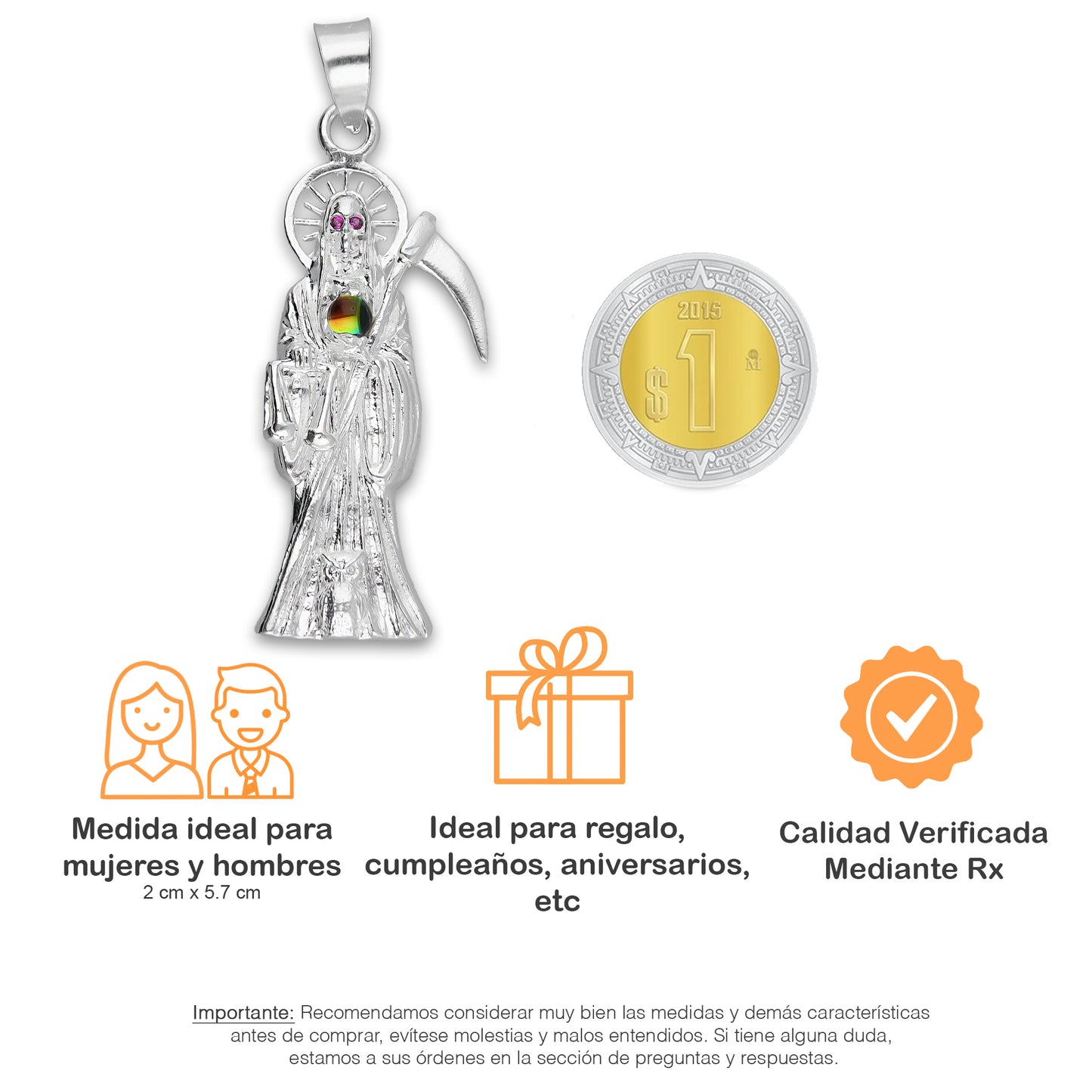 LPDJ306 Dije Santa Muerte Mundo Iris 2 cm x 5.7 cm en Plata .925 5204971558