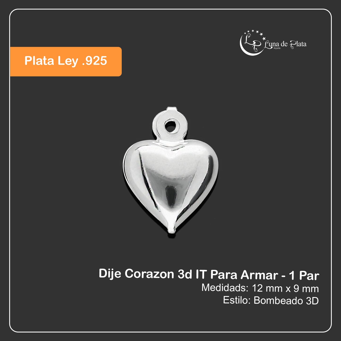 LPDJA003 Dije Corazon 3d IT Para Armar - 1 Par en Plata .925 2891337450