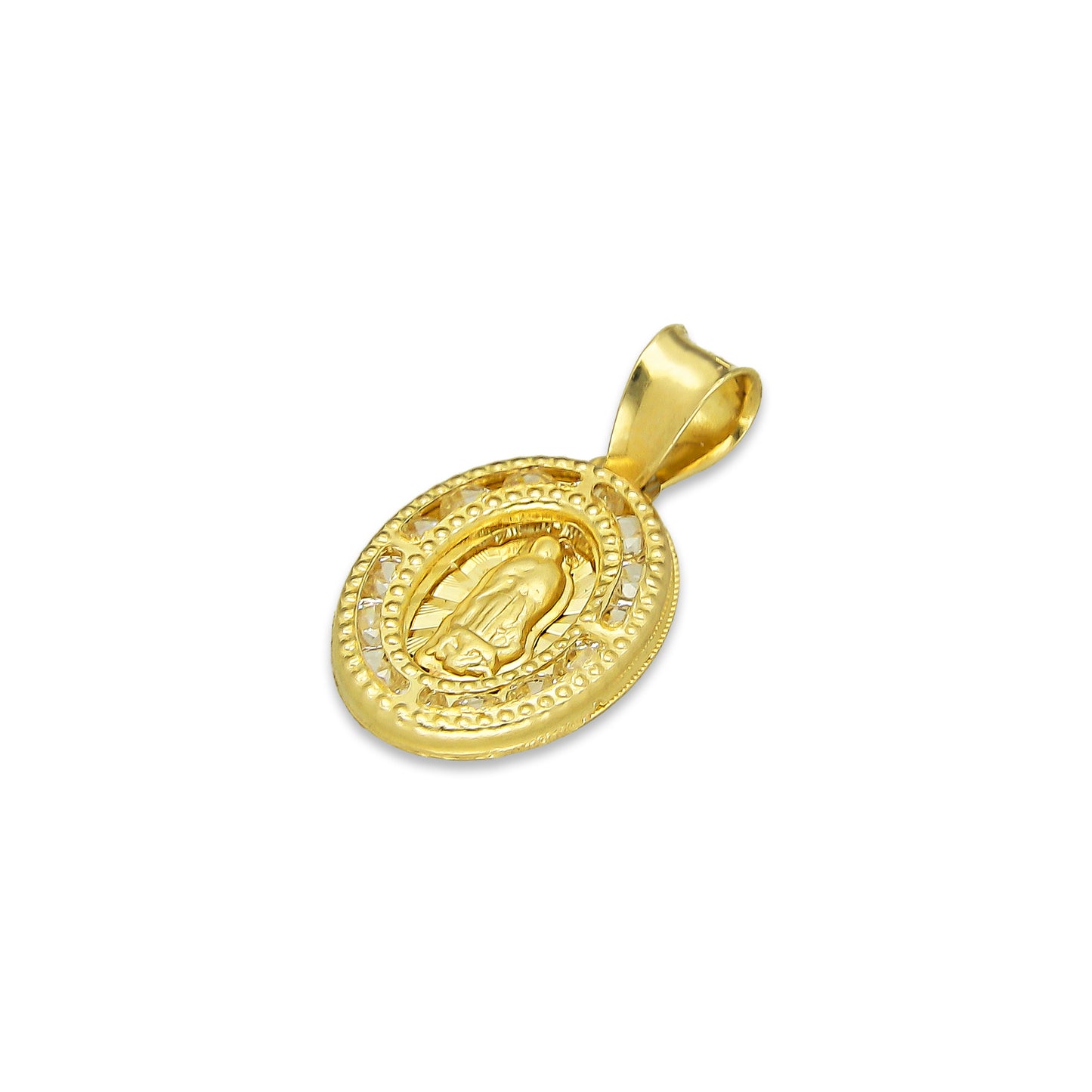 LPDJAU001 Dije Medalla Oro Sólido 10K Virgen Oval Zirc Perl .9 cm x 1.7 cm