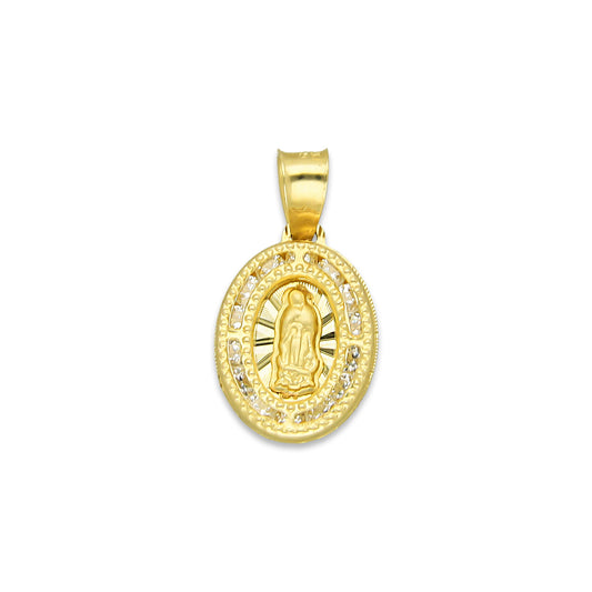 LPDJAU001 Dije Medalla Oro Sólido 10K Virgen Oval Zirc Perl .9 cm x 1.7 cm