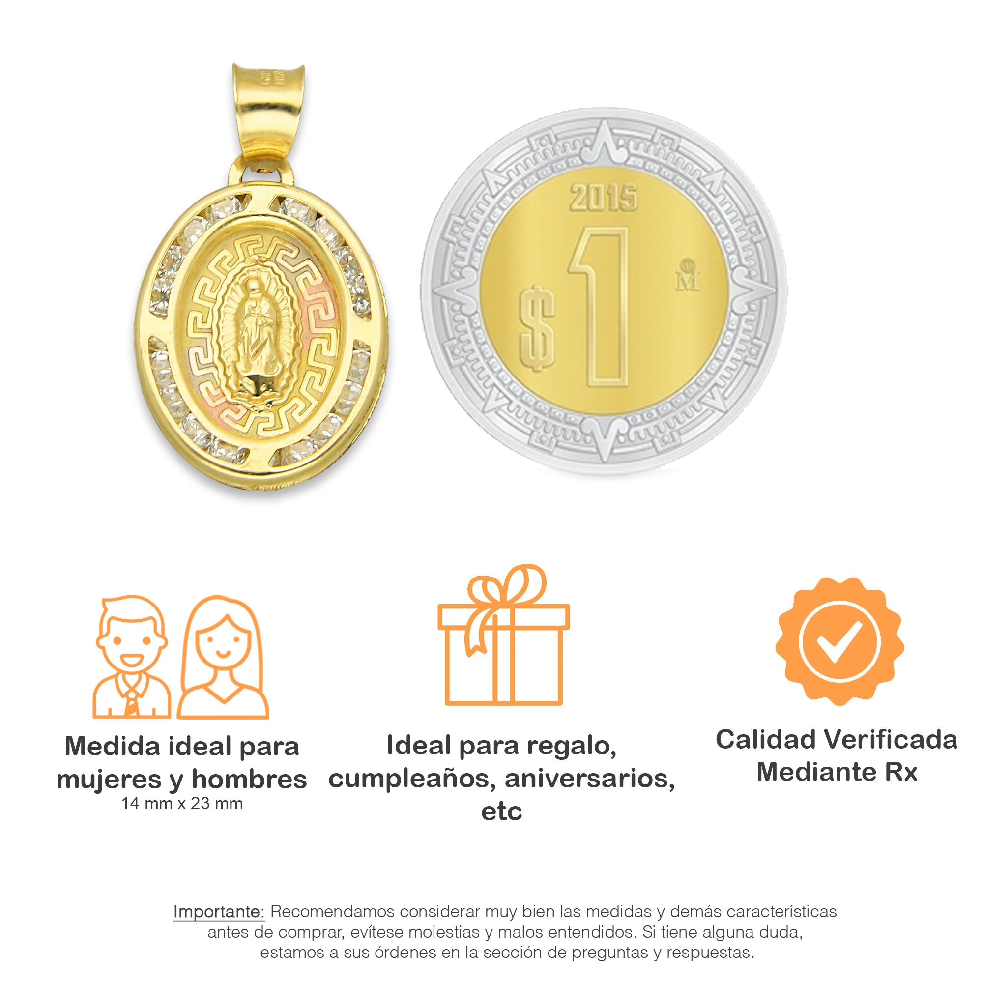 LPDJAU002 Dije Medalla Oro Sólido 10K Virgen Oval con Zirconias Grecas Florentino 1.4 cm x 2.3 cm