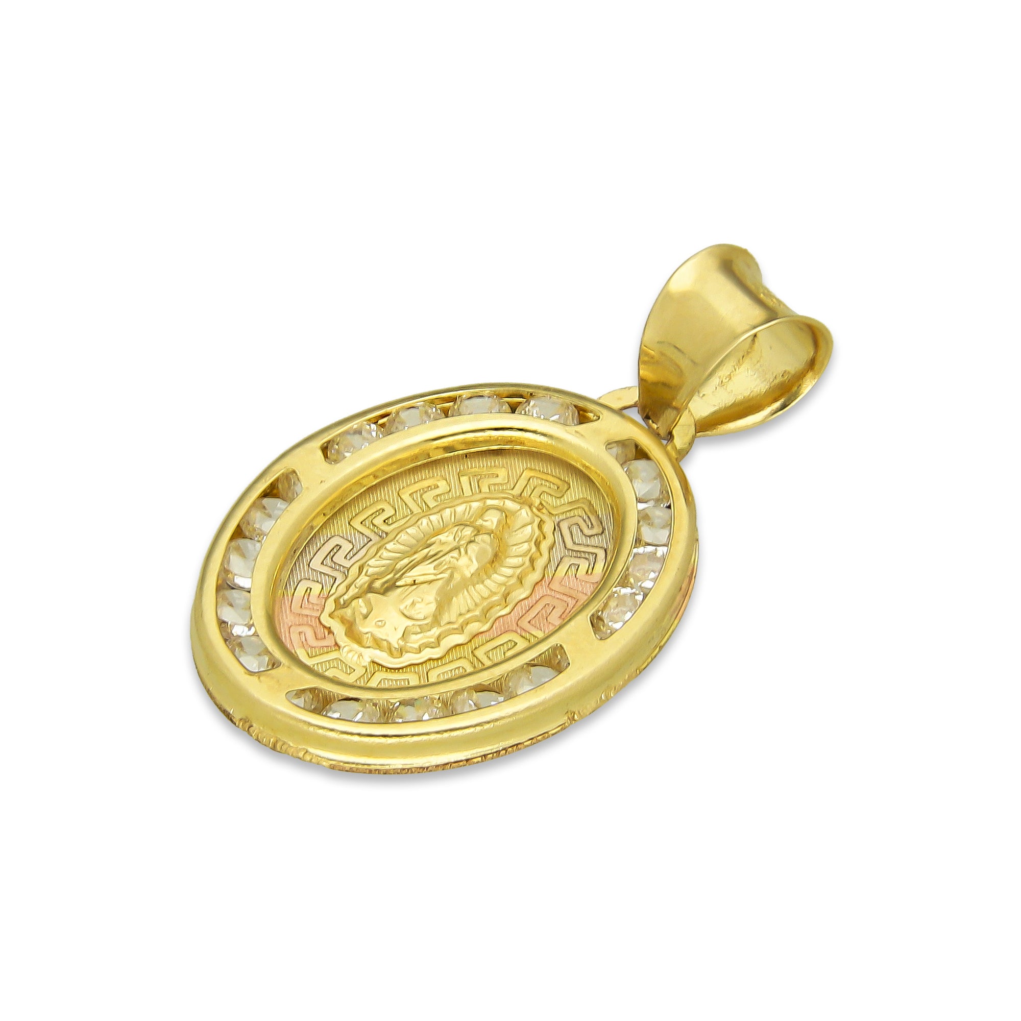 LPDJAU002 Dije Medalla Oro Sólido 10K Virgen Oval con Zirconias Grecas Florentino 1.4 cm x 2.3 cm