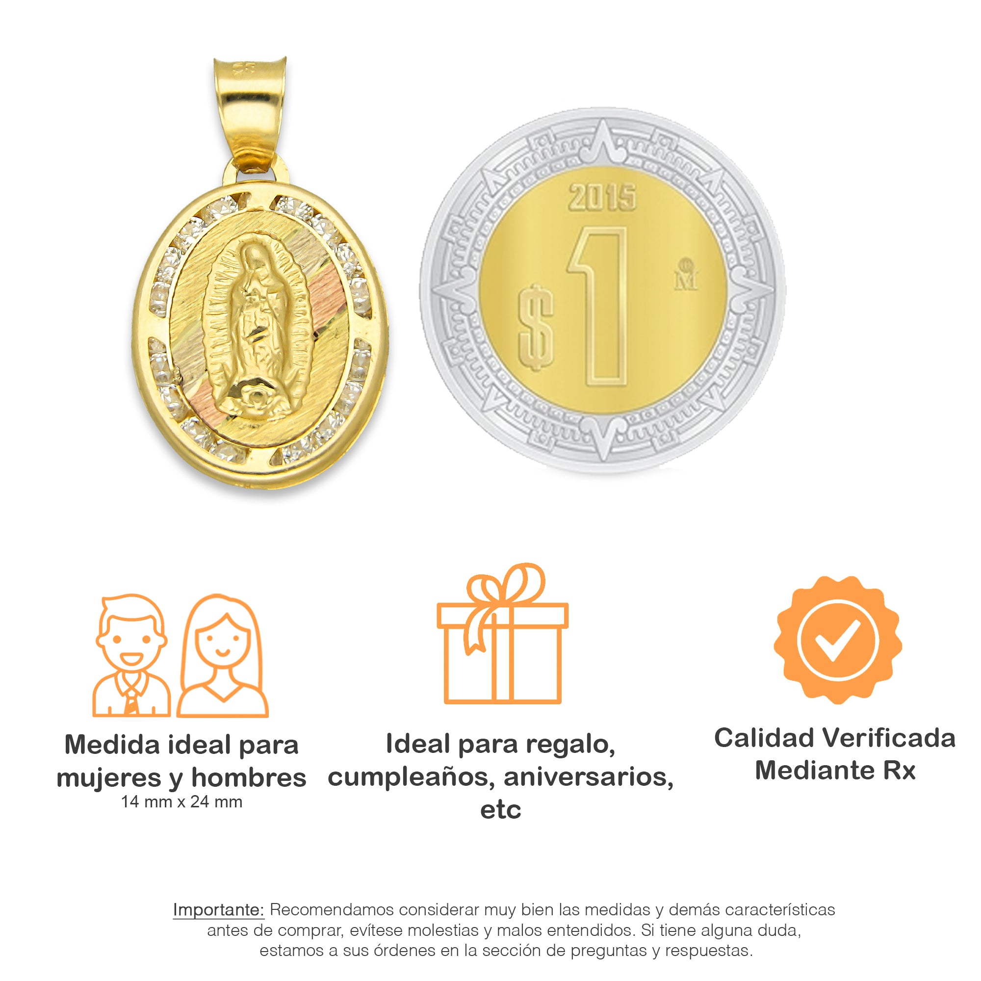 LPDJAU003 Dije Medalla Oro Sólido 10K Virgen Oval con Zirconias Abultado Florentino 1.4 cm x 2.4 cm