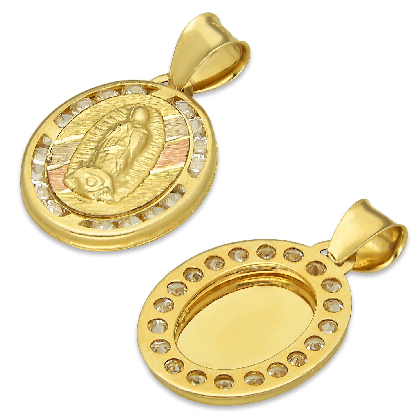 LPDJAU003 Dije Medalla Oro Sólido 10K Virgen Oval con Zirconias Abultado Florentino 1.4 cm x 2.4 cm