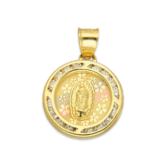 LPDJAU006 Dije Medalla Oro Sólido 10K Virgen Redonda con Zirconias Flores Florentino 1.6 cm x 2.2 cm