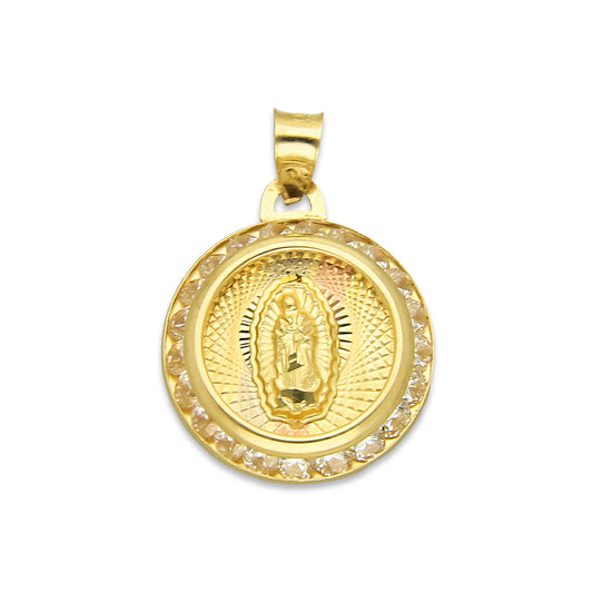 LPDJAU007 Dije Medalla Oro Sólido 10K Virgen Redonda con Zirconias Radial Florentino 1.5 cm x 2.1 cm