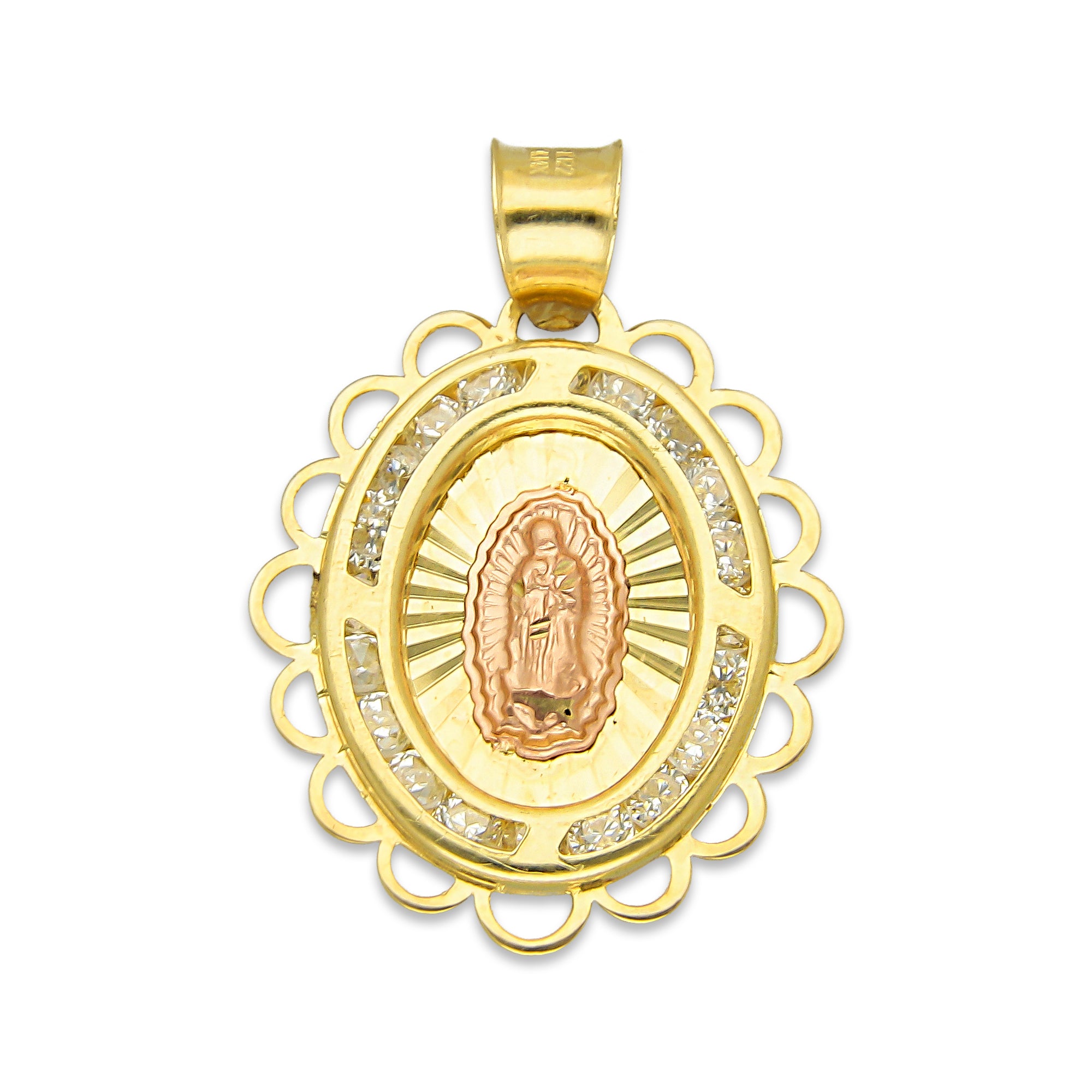 LPDJAU008 Dije Medalla Oro Sólido 10K Virgen Oval con Zirconias Olan Cobriso 1.8 cm x 2.6 cm
