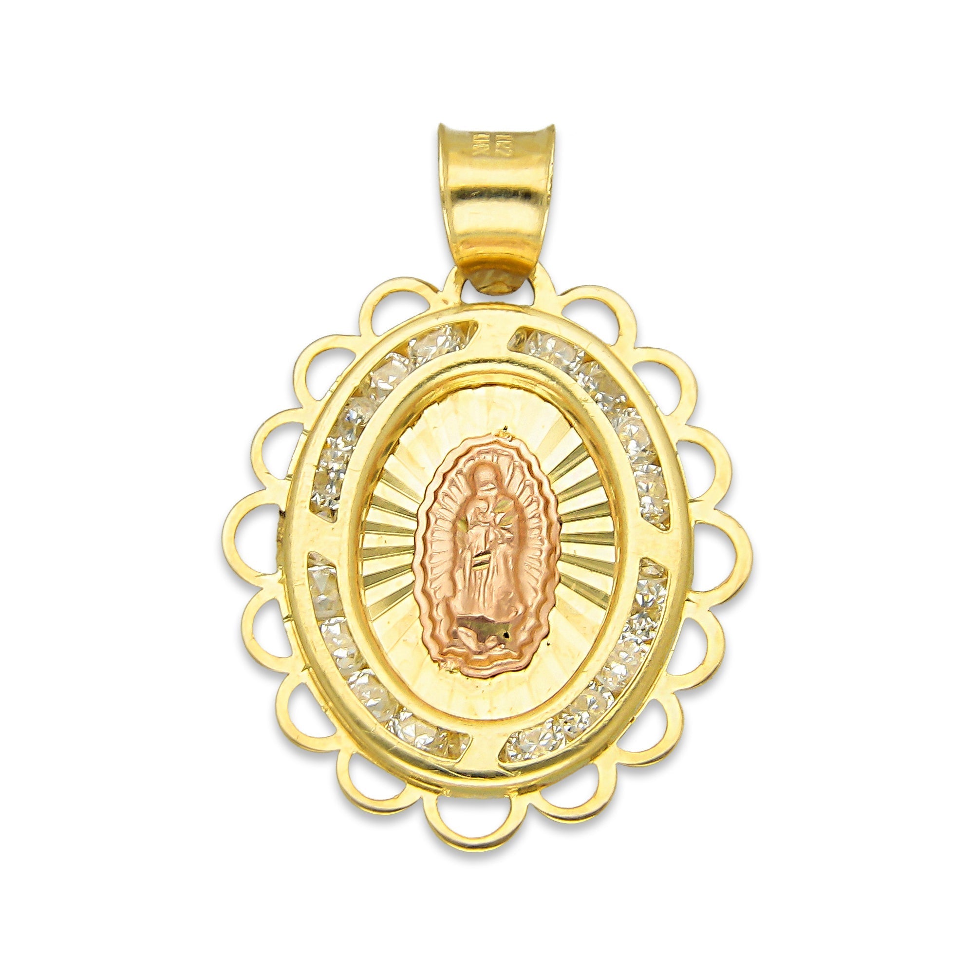 LPDJAU008 Dije Medalla Oro Sólido 10K Virgen Oval con Zirconias Olan Cobriso 1.8 cm x 2.6 cm