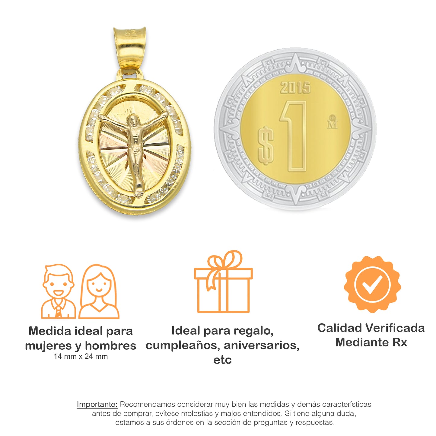 LPDJAU011 Dije Medalla Oro Sólido 10K Cristo Oval Radial Florentino 1.4 cm x 2.4 cm
