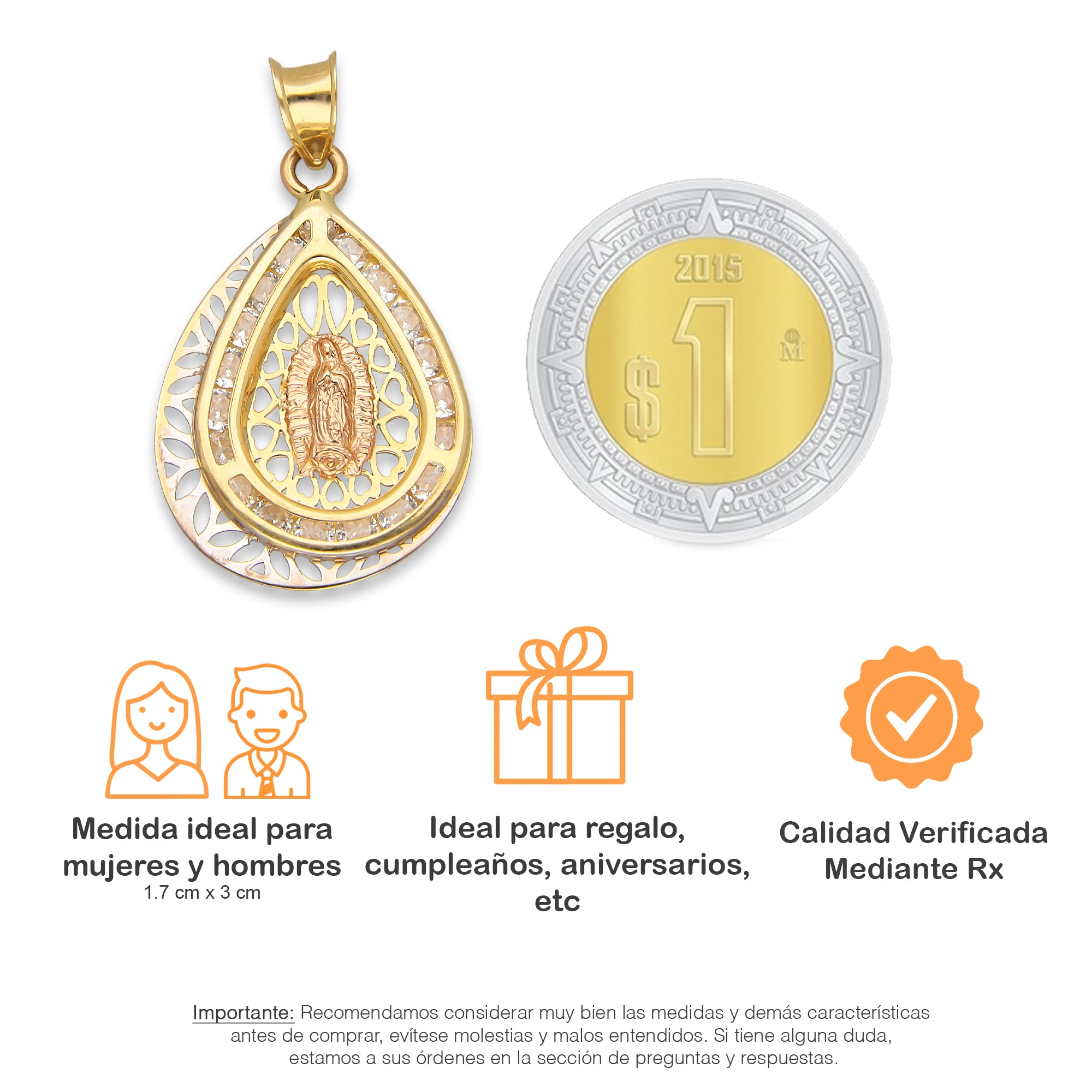 LPDJAU013 Dije Medalla Oro Sólido 10K Gota Virgen Excéntrica Calada con Zirconias 1.7 cm x 3 cm 5277479976