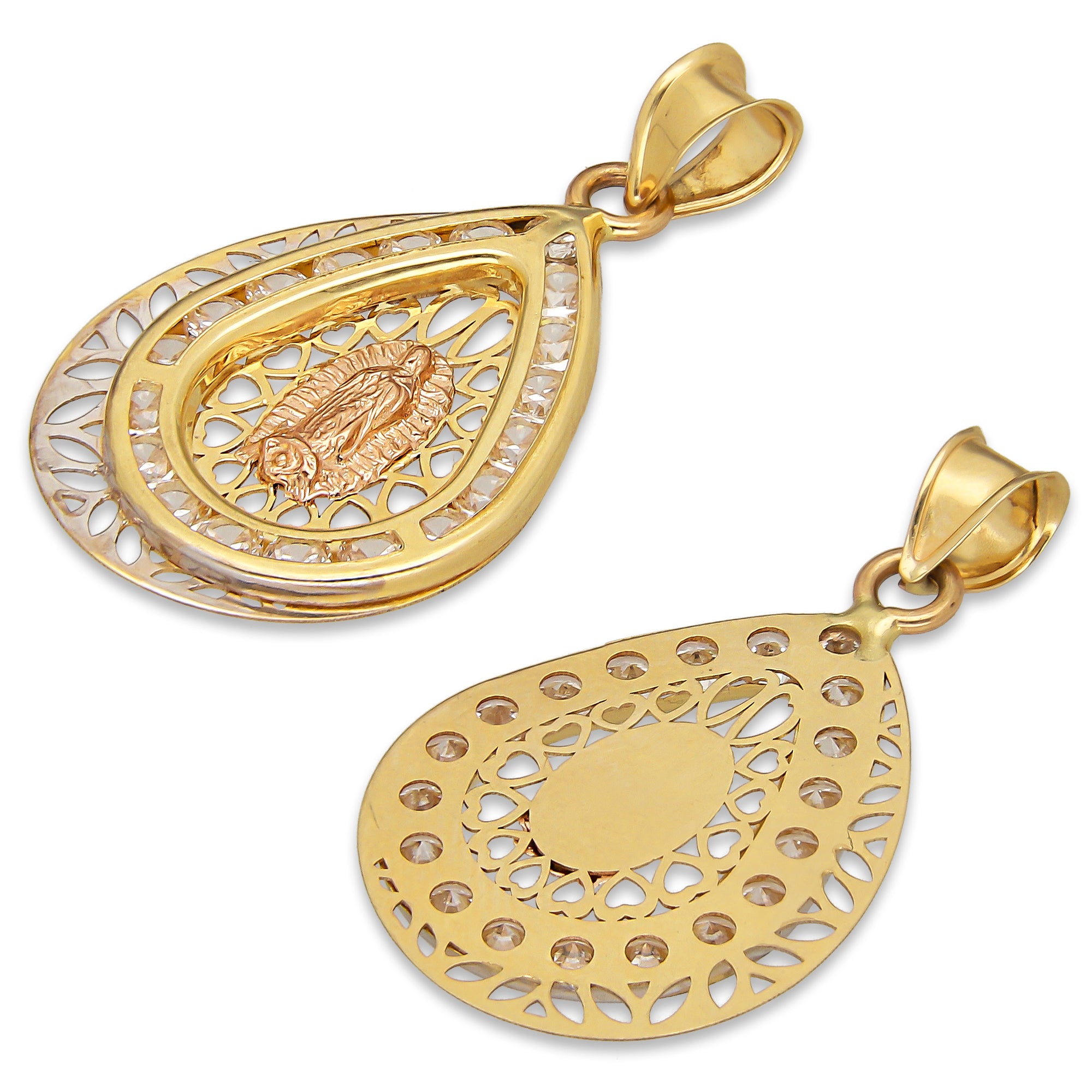 LPDJAU013 Dije Medalla Oro Sólido 10K Gota Virgen Excéntrica Calada con Zirconias 1.7 cm x 3 cm 5277479976