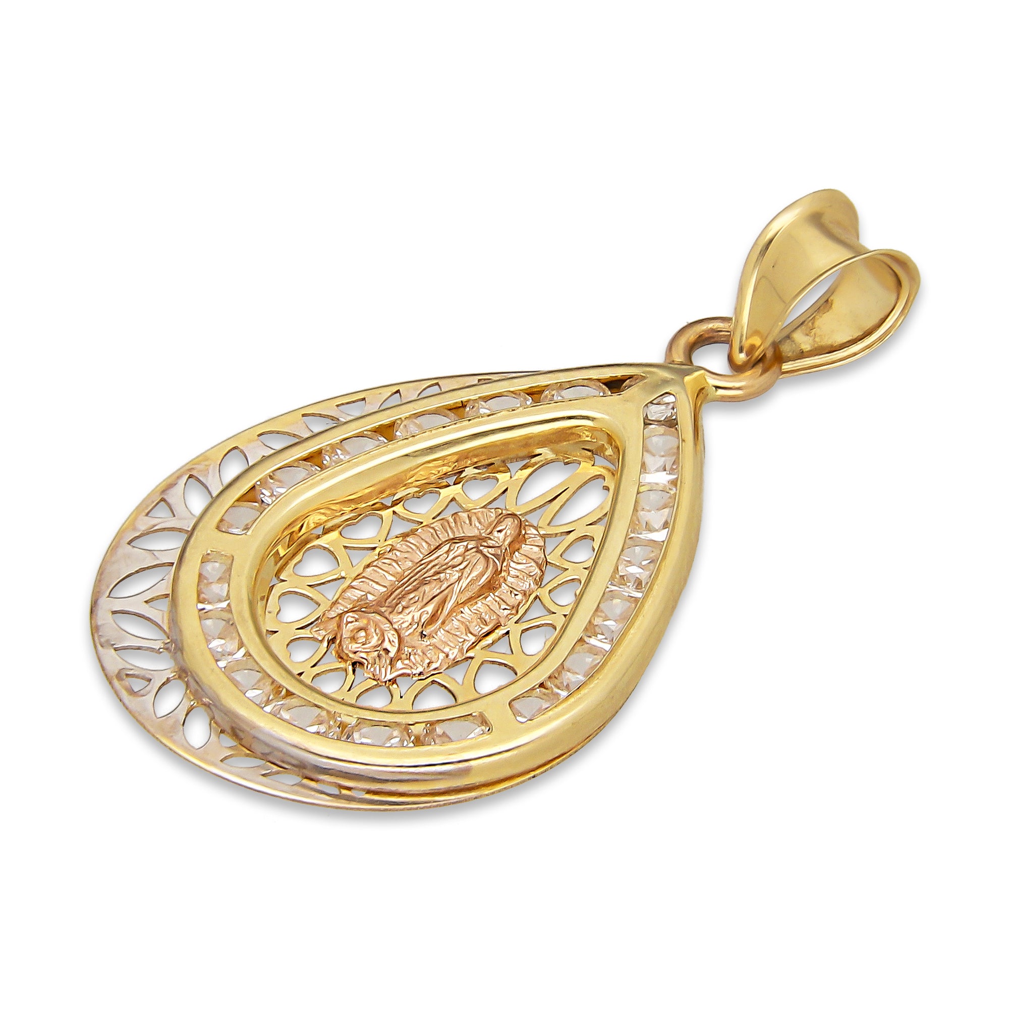 LPDJAU013 Dije Medalla Oro Sólido 10K Gota Virgen Excéntrica Calada con Zirconias 1.7 cm x 3 cm 5277479976