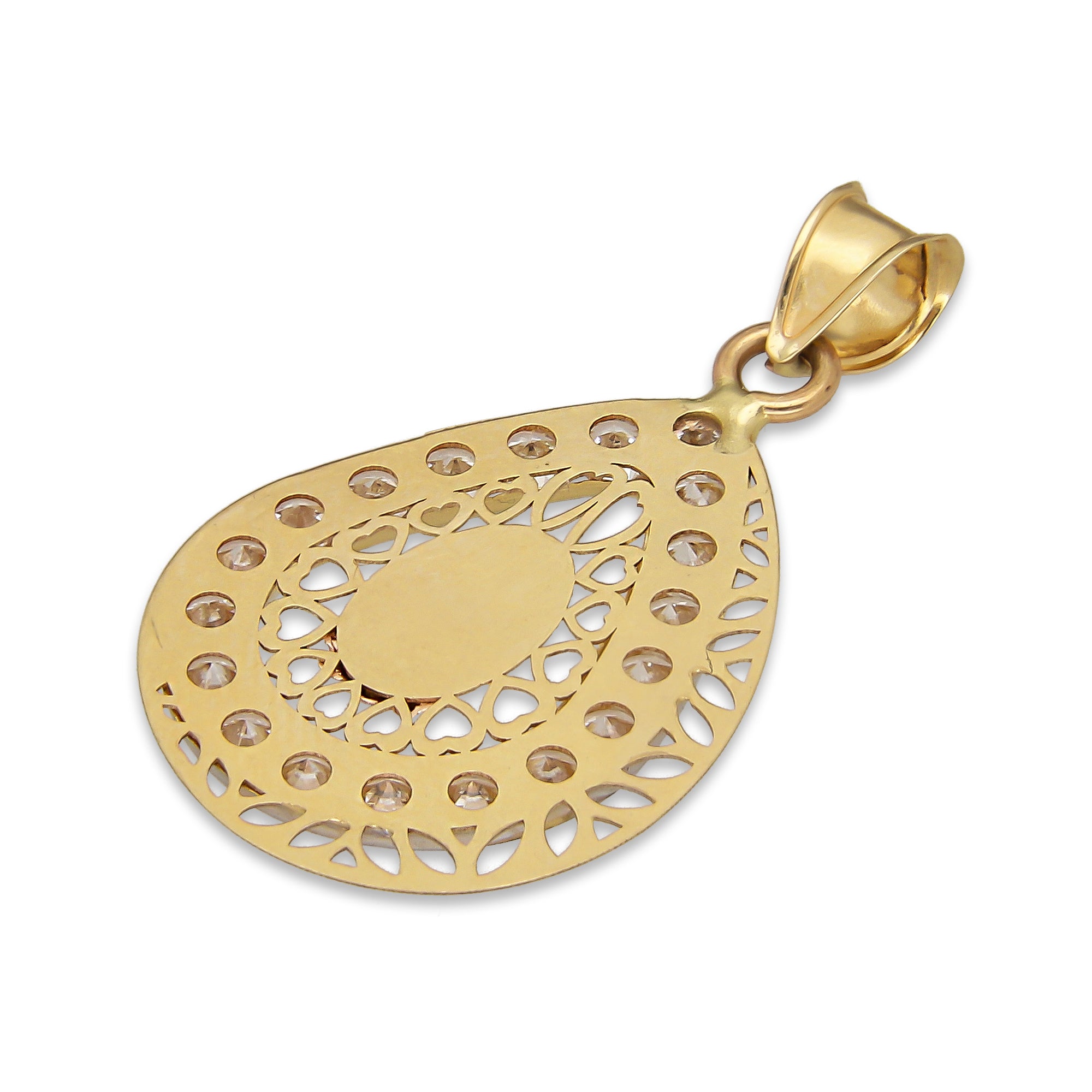 LPDJAU013 Dije Medalla Oro Sólido 10K Gota Virgen Excéntrica Calada con Zirconias 1.7 cm x 3 cm 5277479976