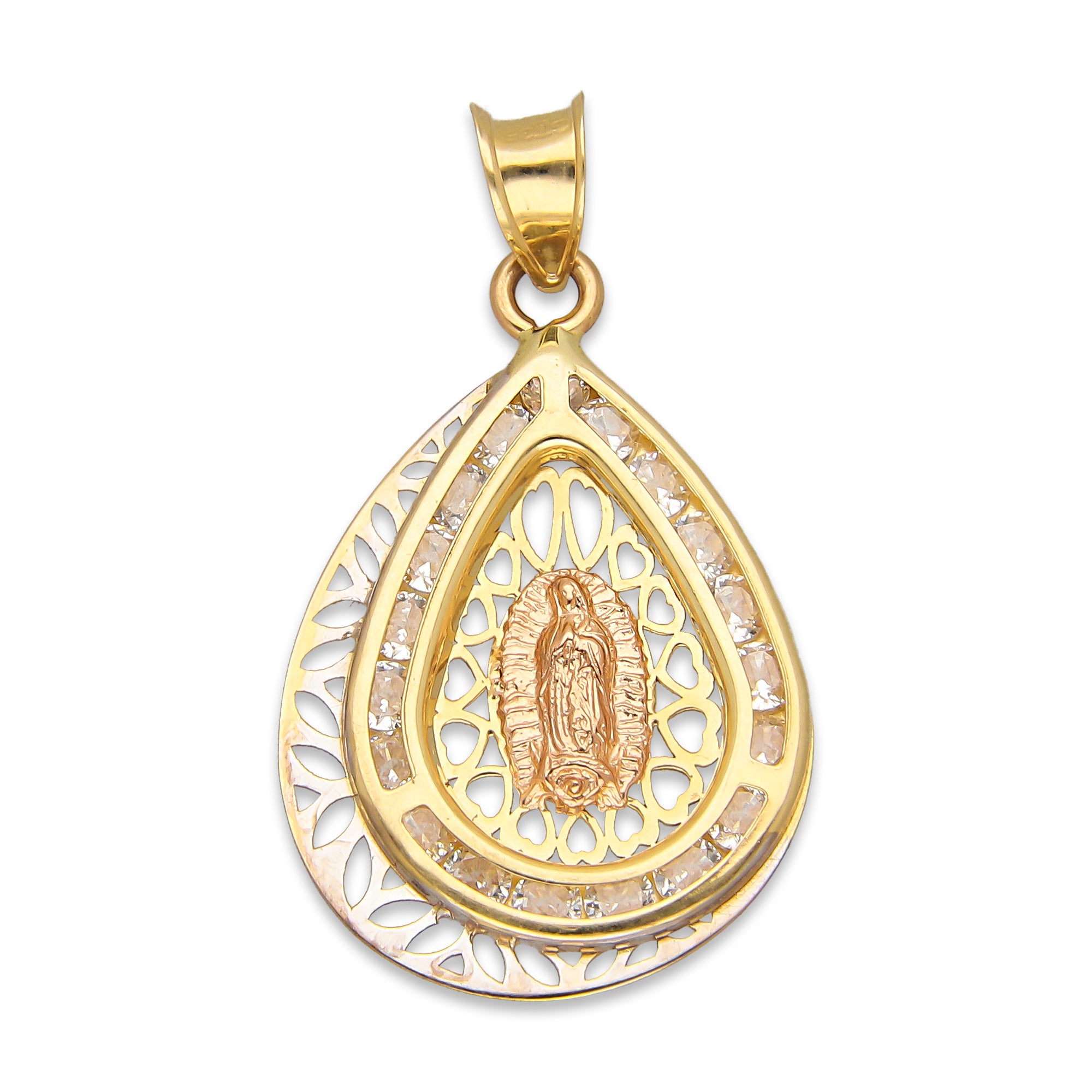 LPDJAU013 Dije Medalla Oro Sólido 10K Gota Virgen Excéntrica Calada con Zirconias 1.7 cm x 3 cm 5277479976