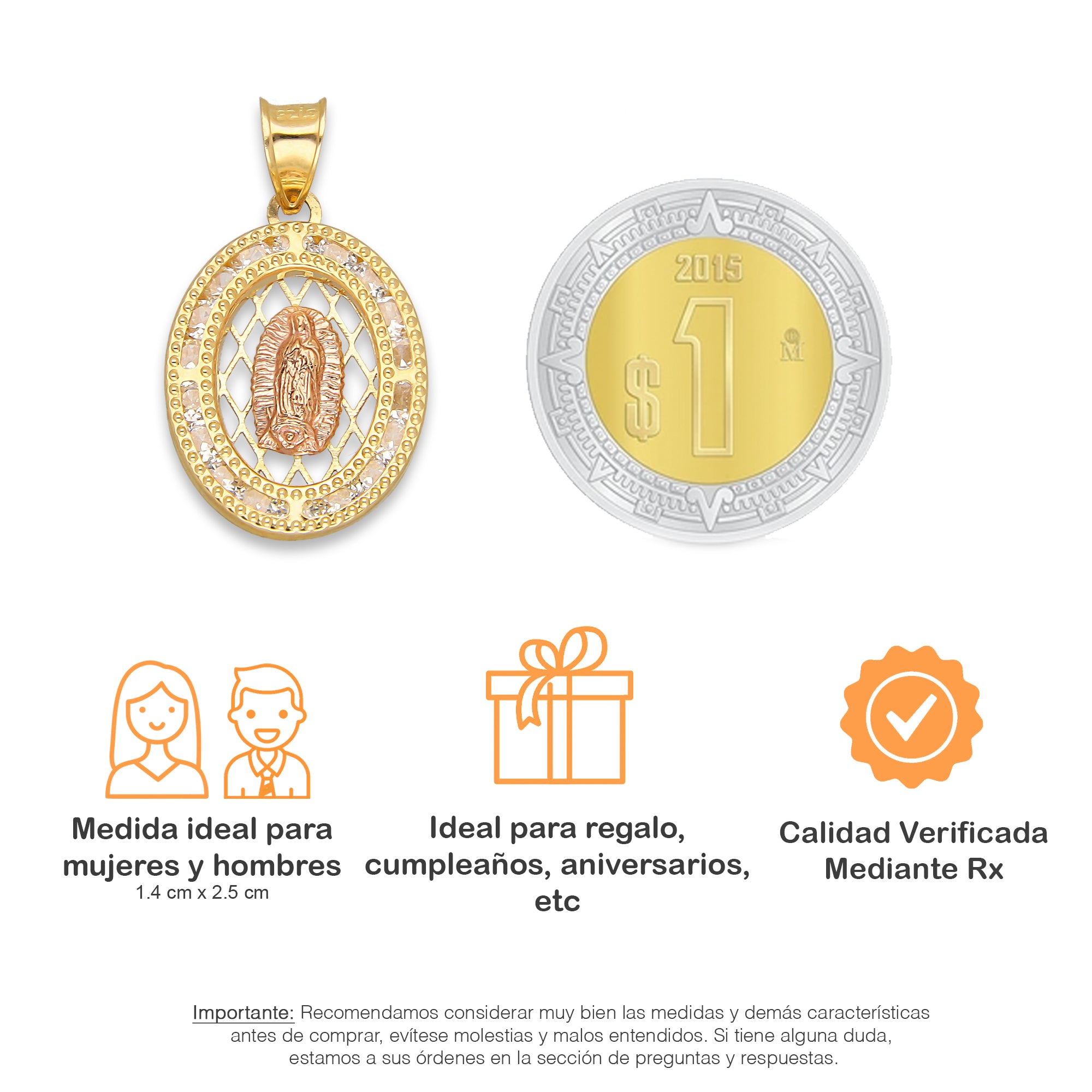 LPDJAU014 Dije Medalla Oro Sólido 10K Malla Virgen Rosa con Zirconias 1.4 cm x 2.5 cm 5277273986