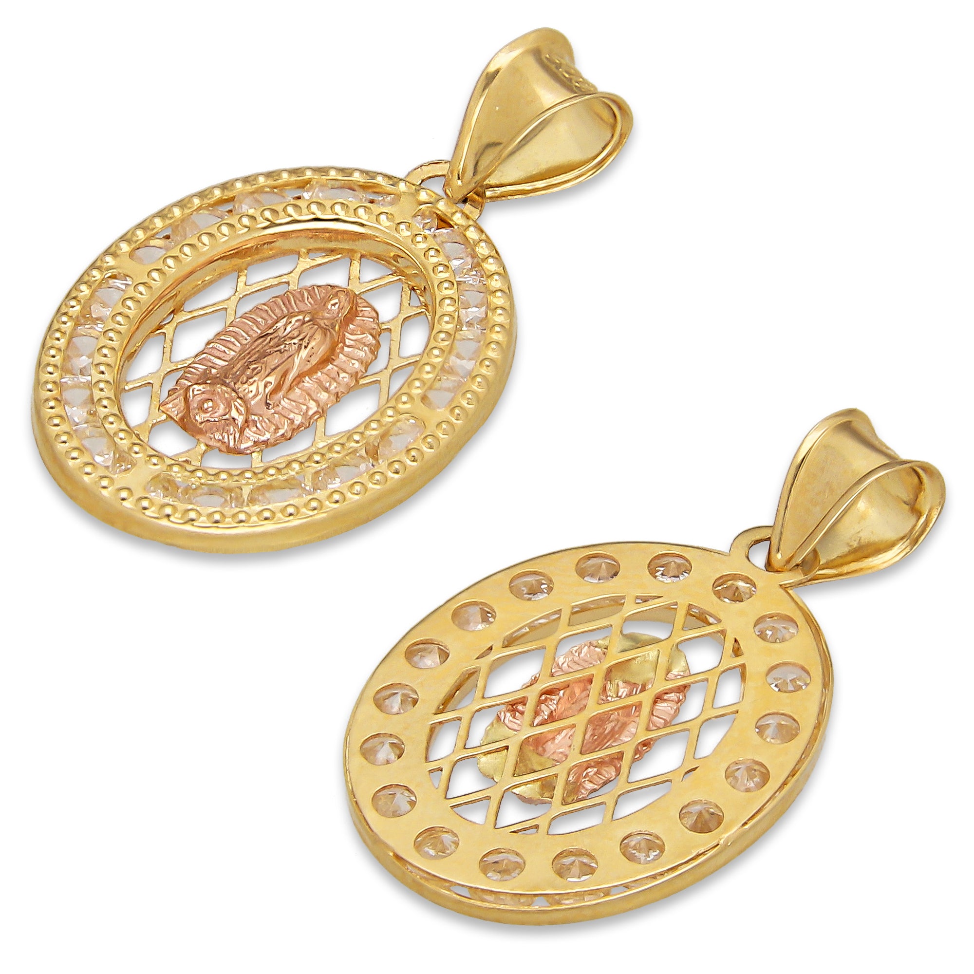 LPDJAU014 Dije Medalla Oro Sólido 10K Malla Virgen Rosa con Zirconias 1.4 cm x 2.5 cm 5277273986