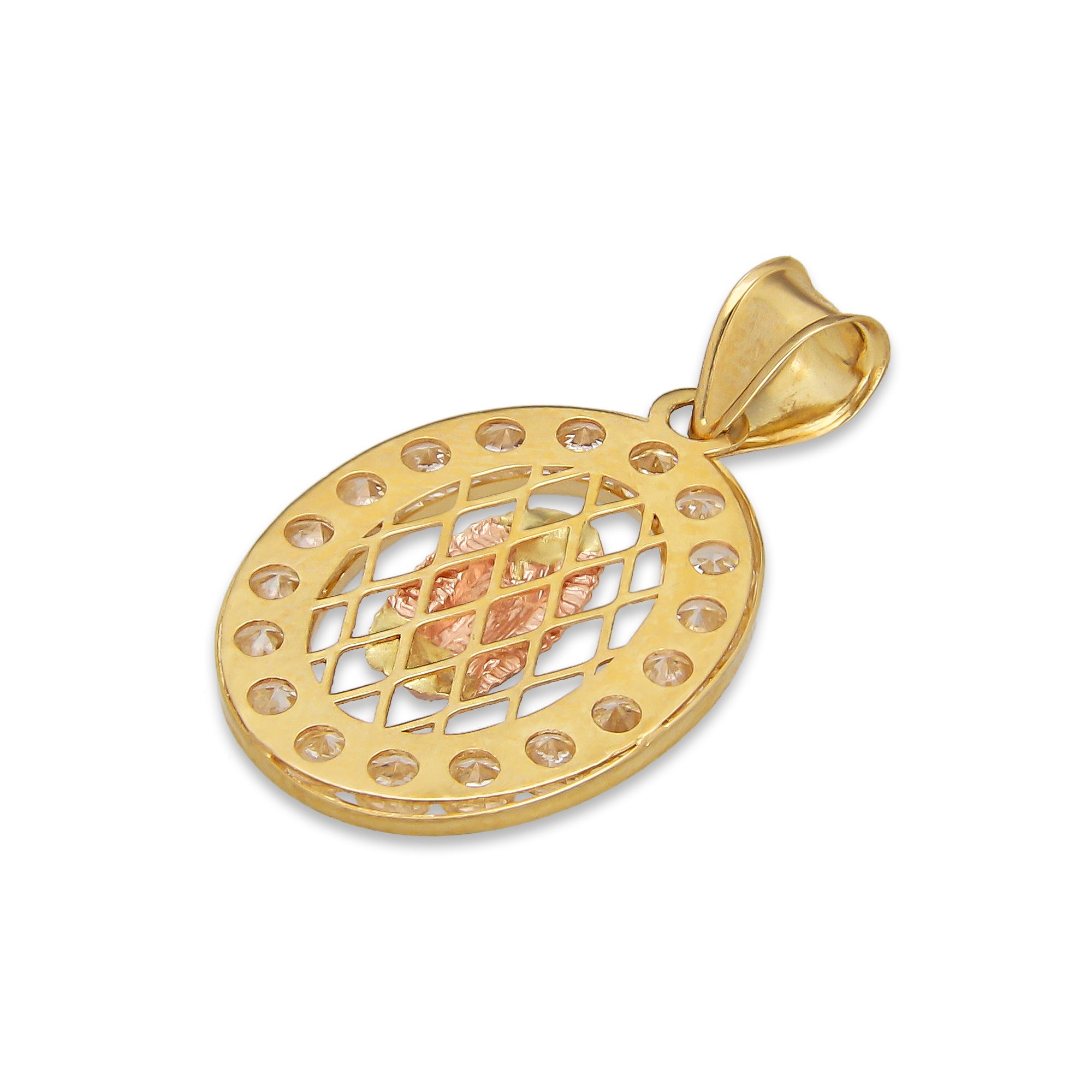 LPDJAU014 Dije Medalla Oro Sólido 10K Malla Virgen Rosa con Zirconias 1.4 cm x 2.5 cm 5277273986